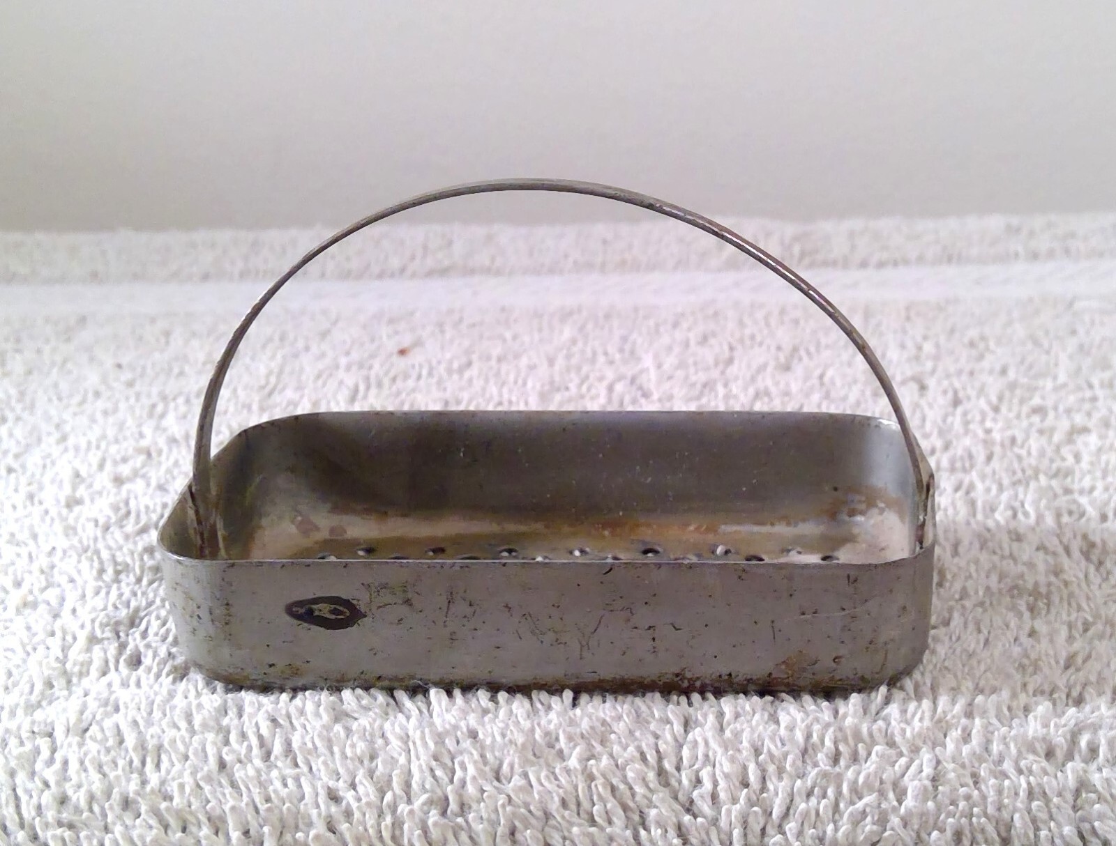 Vintage Small Metal Perforated Parts Dip Tray Basket 2"T x 3 1/8"L x 1.75"W