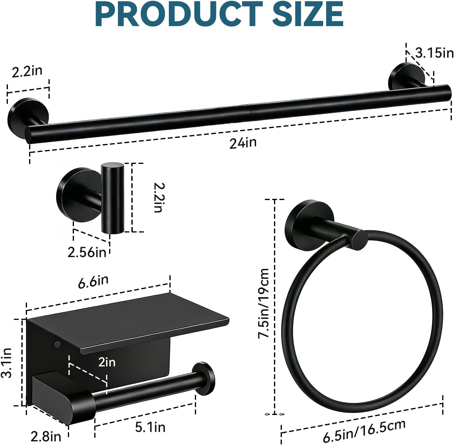 5-Piece Matte Black Bathroom Accessories Set, 24-Inch Wall-Mounted Towel Bar, To