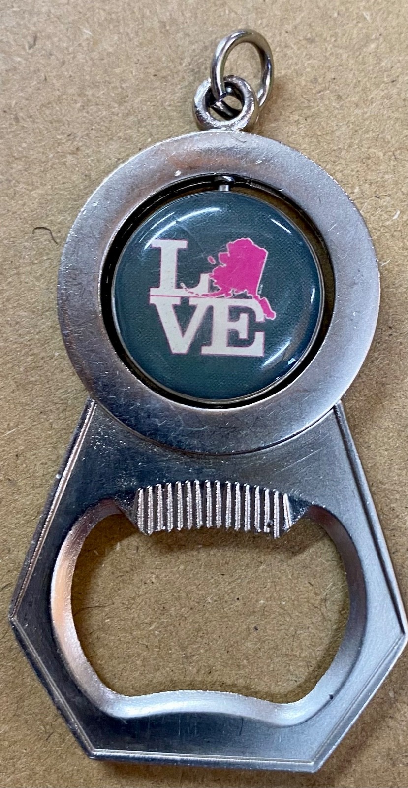 Alaska bottle opener pendant Love spinning center