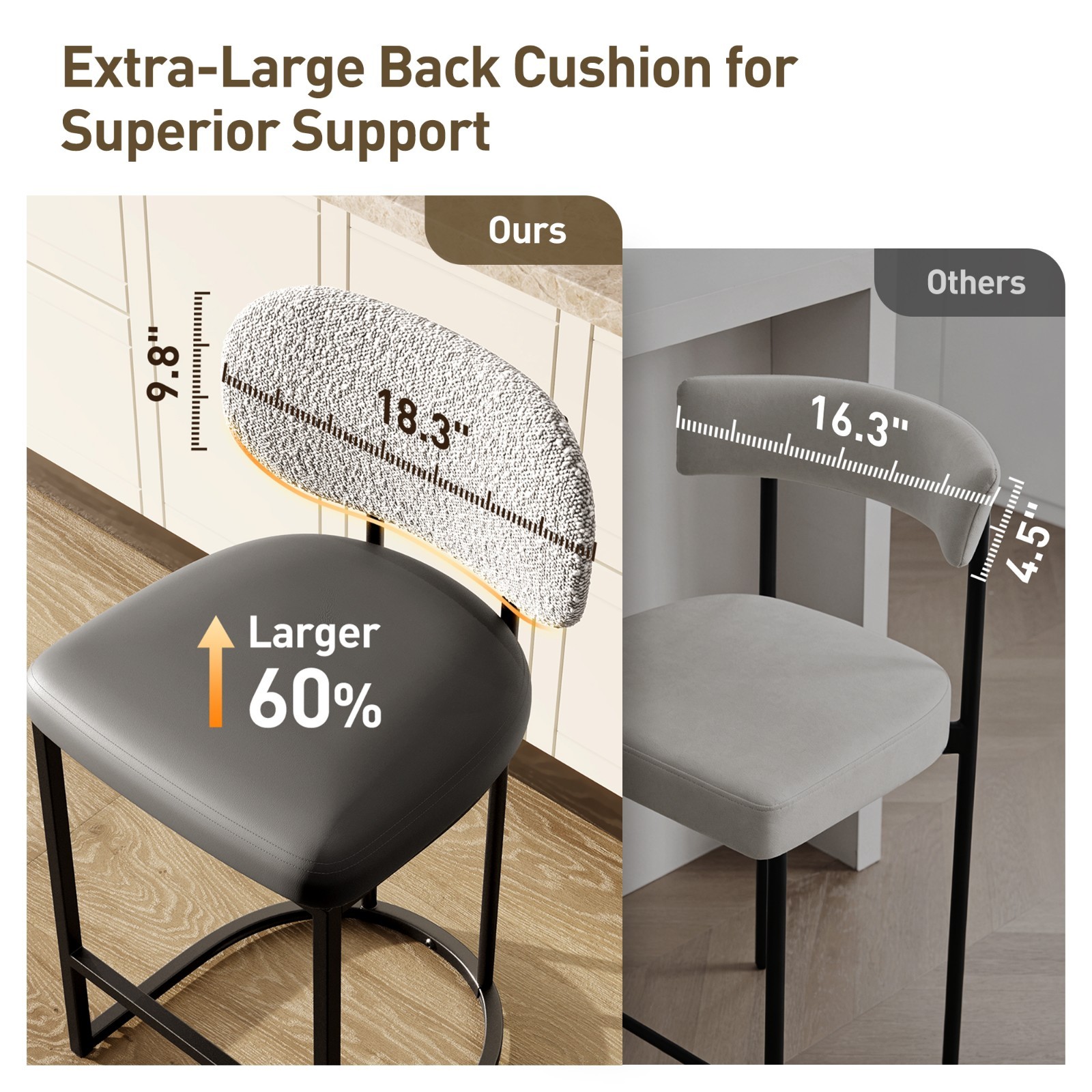 24'' Bar Stools Counter Height Barstools with Back Bar Chairs for Kitchen Gray