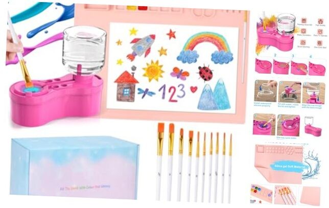 Painting Station, Paint Brush Cleaner and Silicone Art Mat 20"X16" with 10 Pink