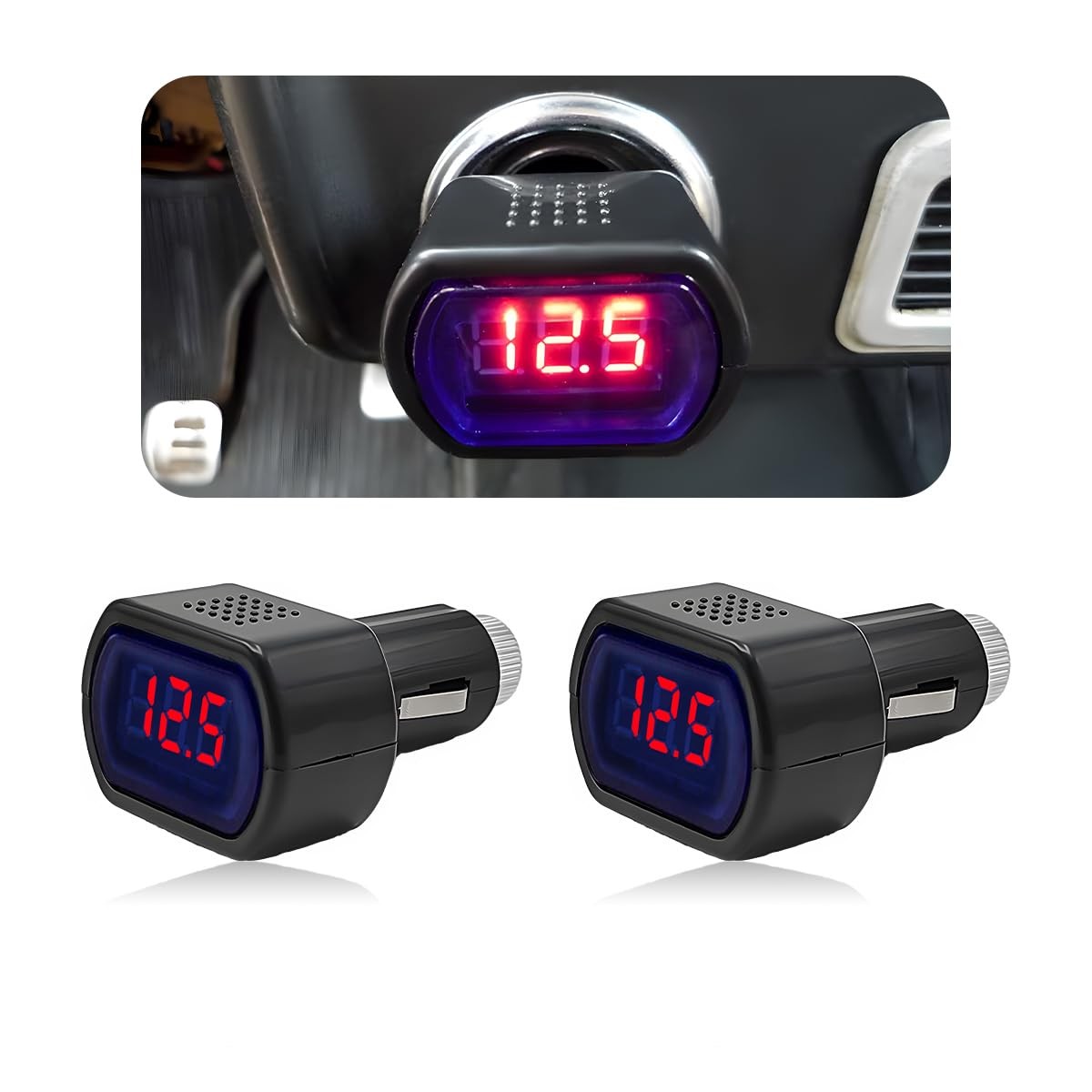 povtii 2 PCS LED Digital Car Voltmeter, DC 12V/24V Vehicle Voltage black