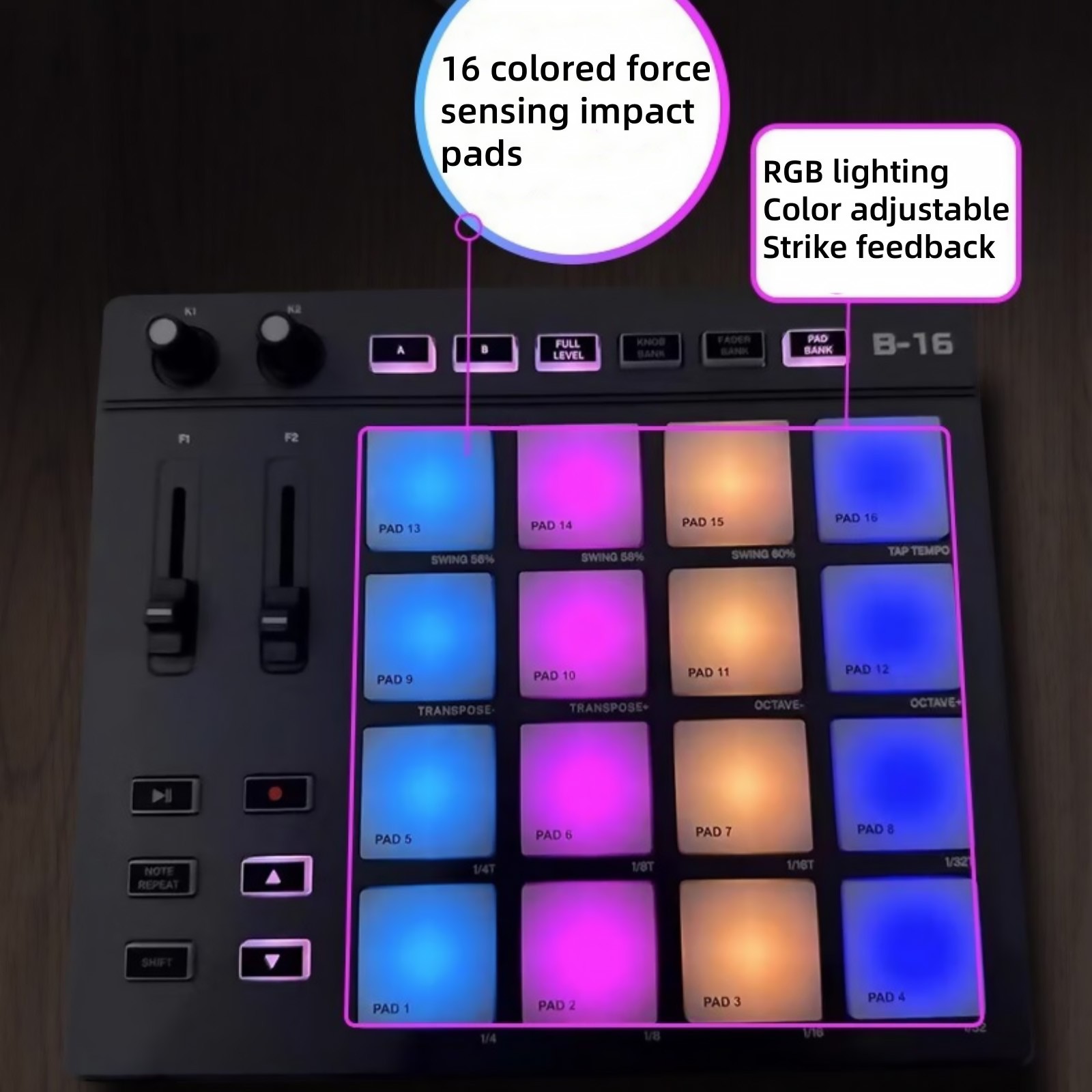 1* USB MIDI Controller Beat Maker 16 Beat Pads 2 Fader Knobs Drum Machine