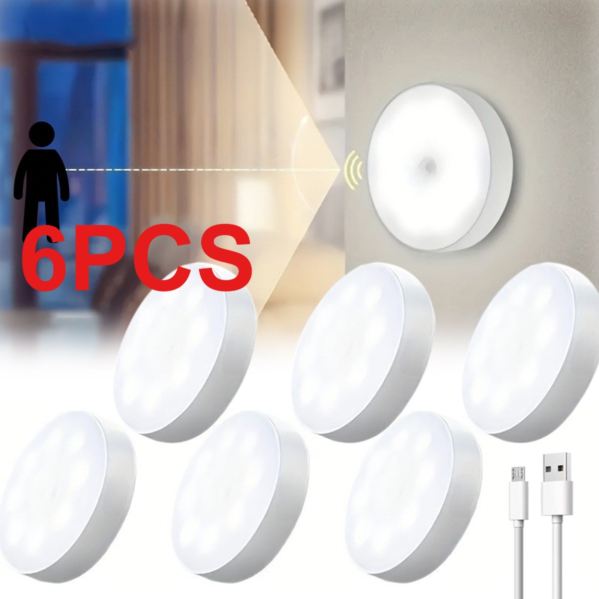 6PCS LED Motion Sensor Under Cabinet Closet Light USB Rechargeable Kitchen Lamp