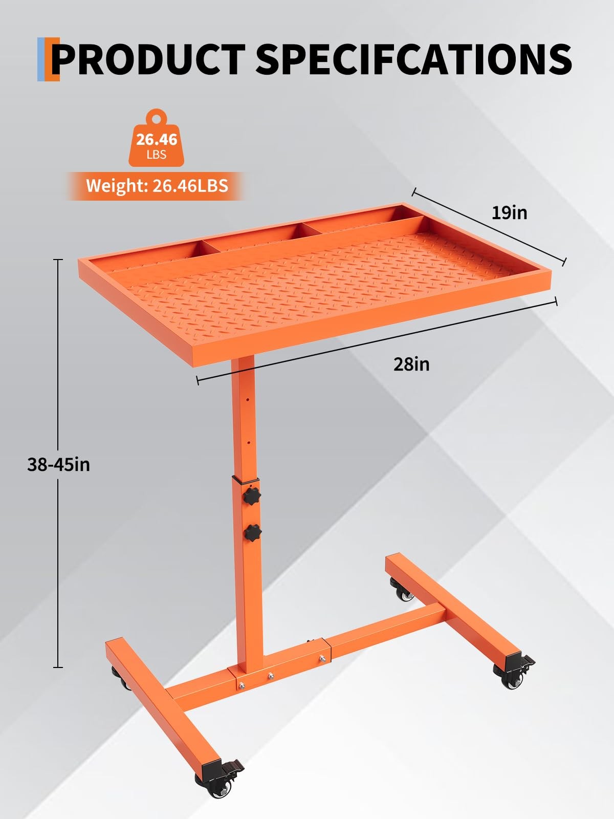 220LBS Heavy Adjustable Rolling Work Table with Tool Tray - Height 38"-45" Duty