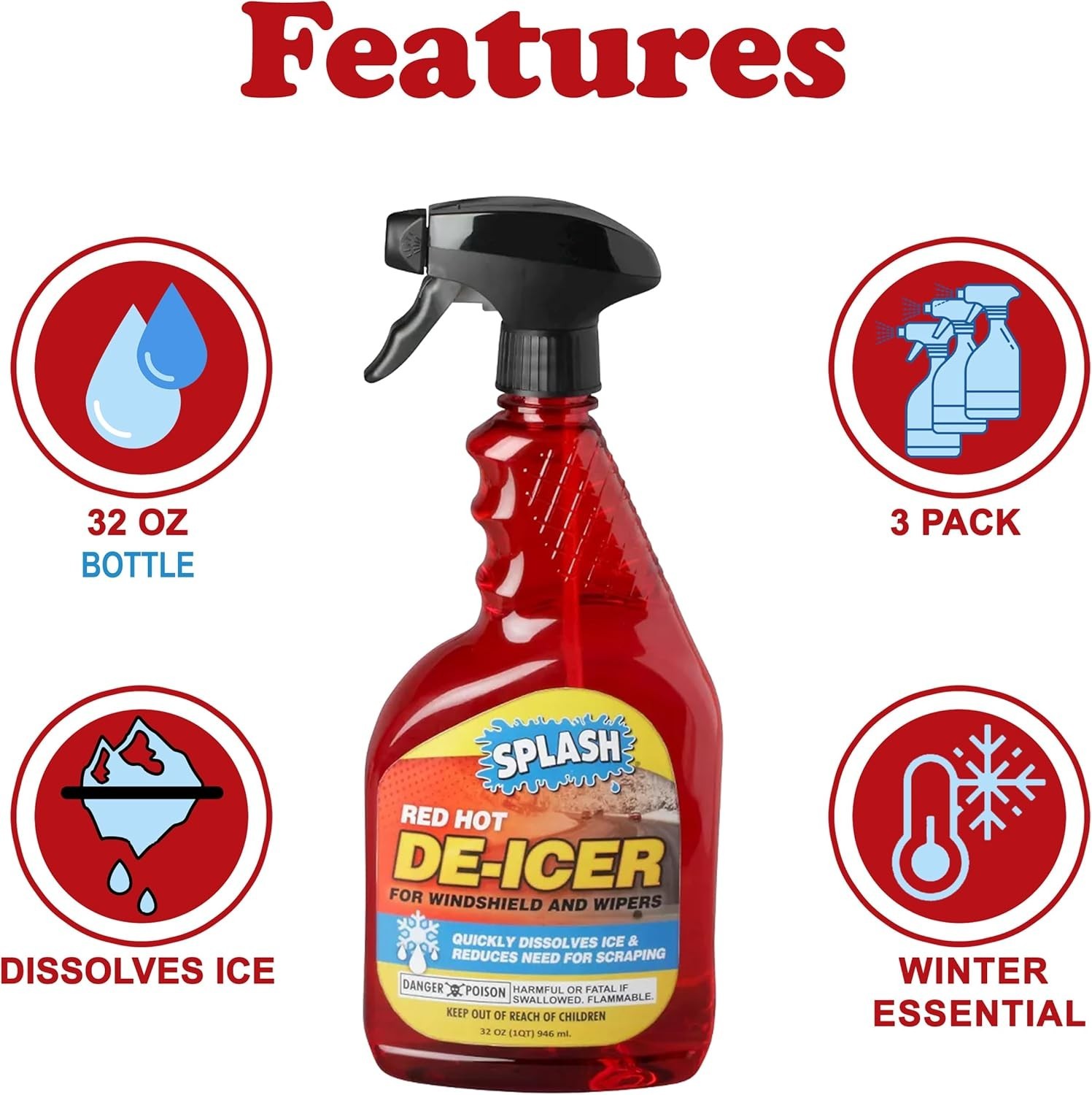 Pack of 3 Splash Red Hot De-icer Windshield Trigger Spray 32 Ounces