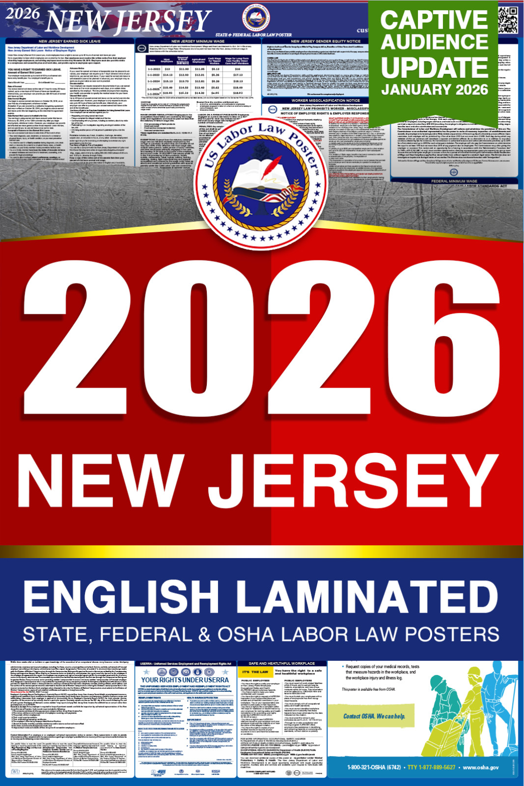 2026 New Jersey NJ LABOR LAW POSTER (Federal & State) English Laminated
