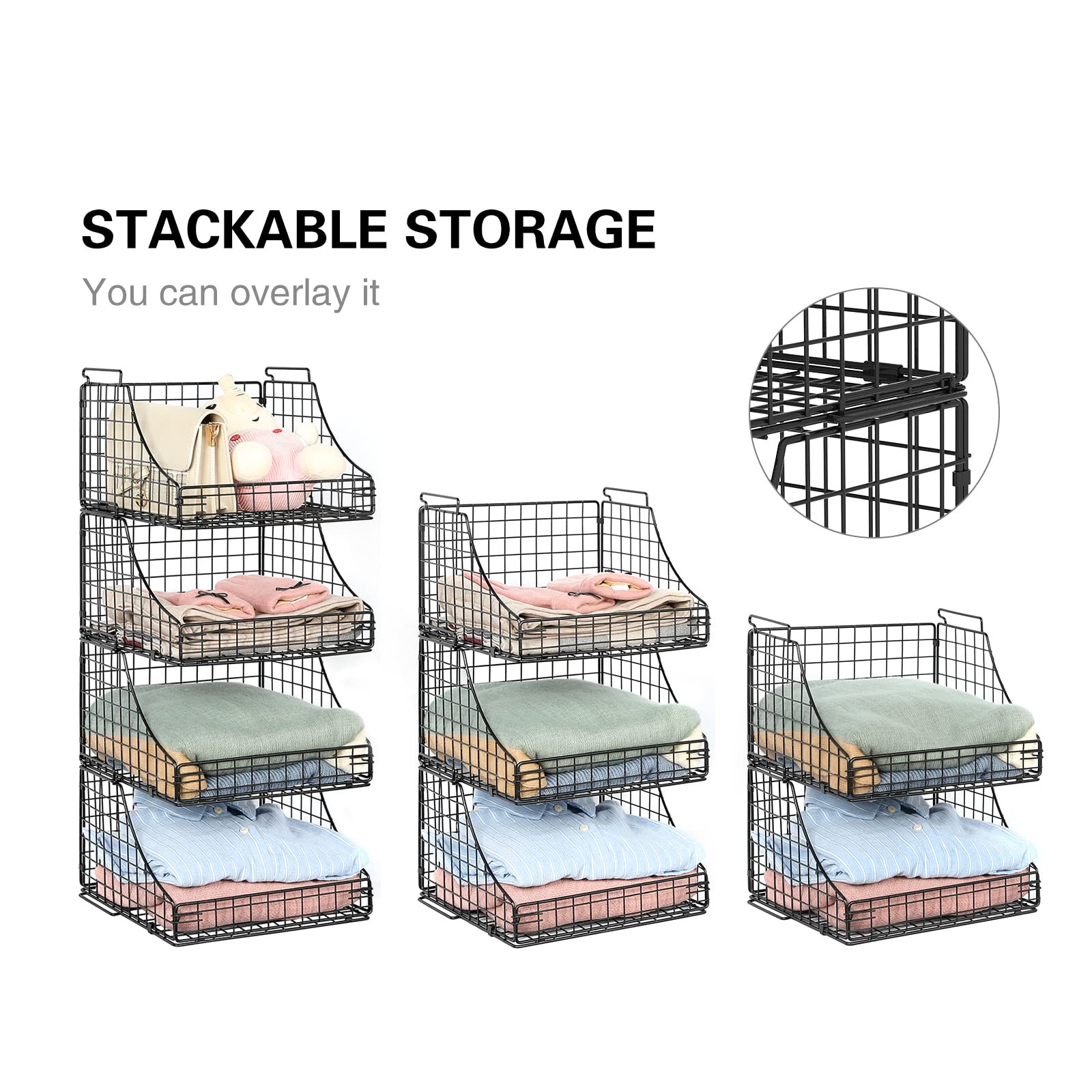 4-Pack Stackable Wire Baskets for Closet Organizers and Storage, Open Storage...