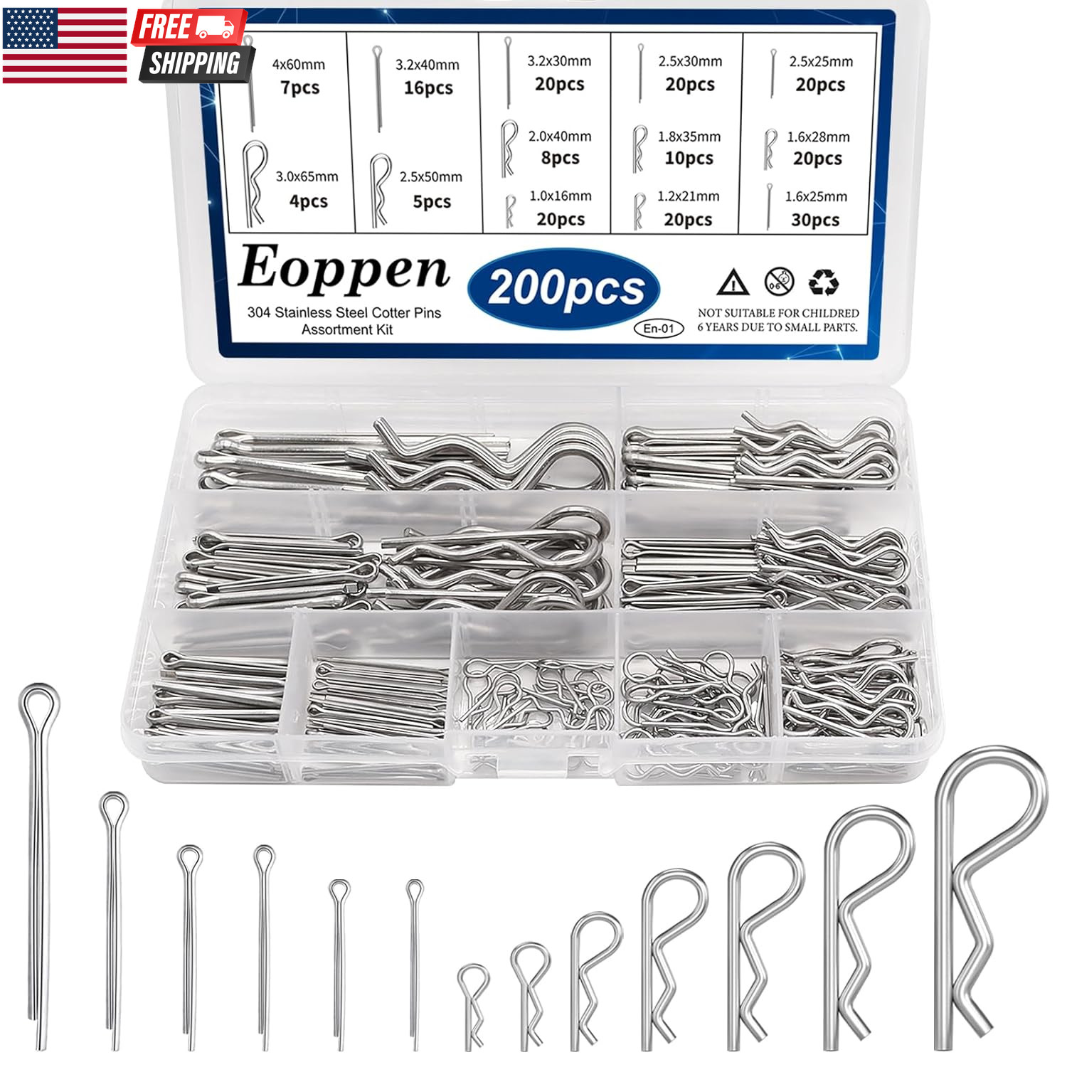 Cotter Pin Assortment Kit - 304 Stainless Steel 13 Sizes Cotter Pins & R Clips C