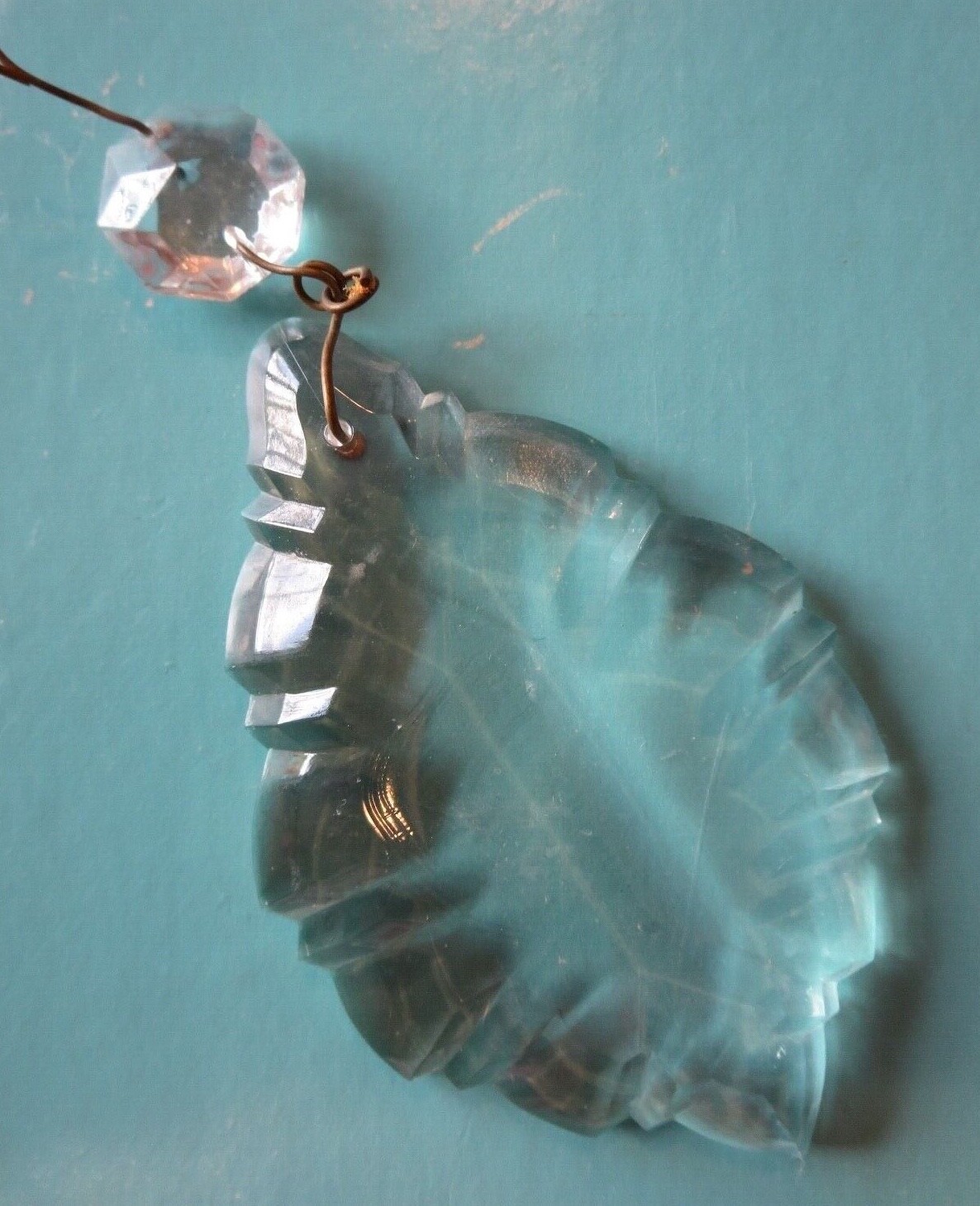 1 Vintage French Crystal Prism Lamp Chandelier Leaf shape facet fiddle Antique