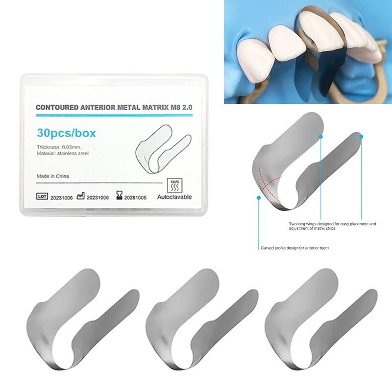 30Pcs Dental Anterior Matrix Bands Twin Matrices Sectional Contoured Metal Strip
