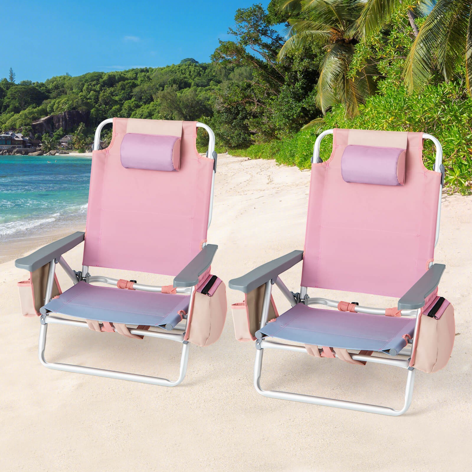 2-Pack Folding Backpack Beach Chair 5-Position Outdoor Reclining Chairs w/Pillow