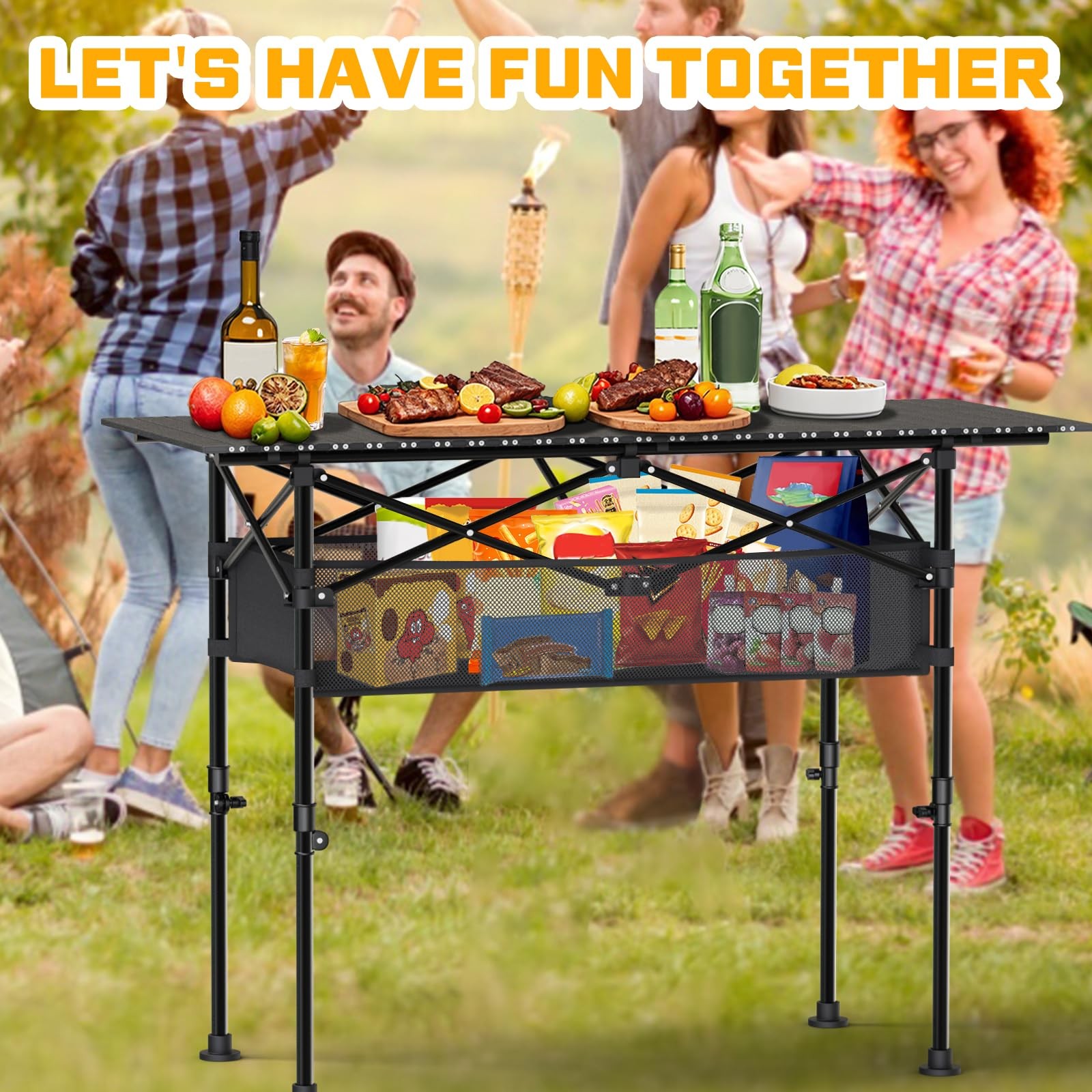 Height Adjustable Camping Table, Outdoor Folding 47" x 22" x 38", Black