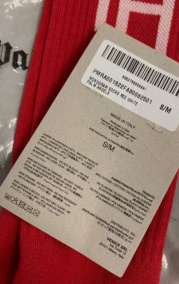 $65 Palm Angels Men's Red Monogram 1-Pair Logo Cotton Italy Crew Socks Size S/M
