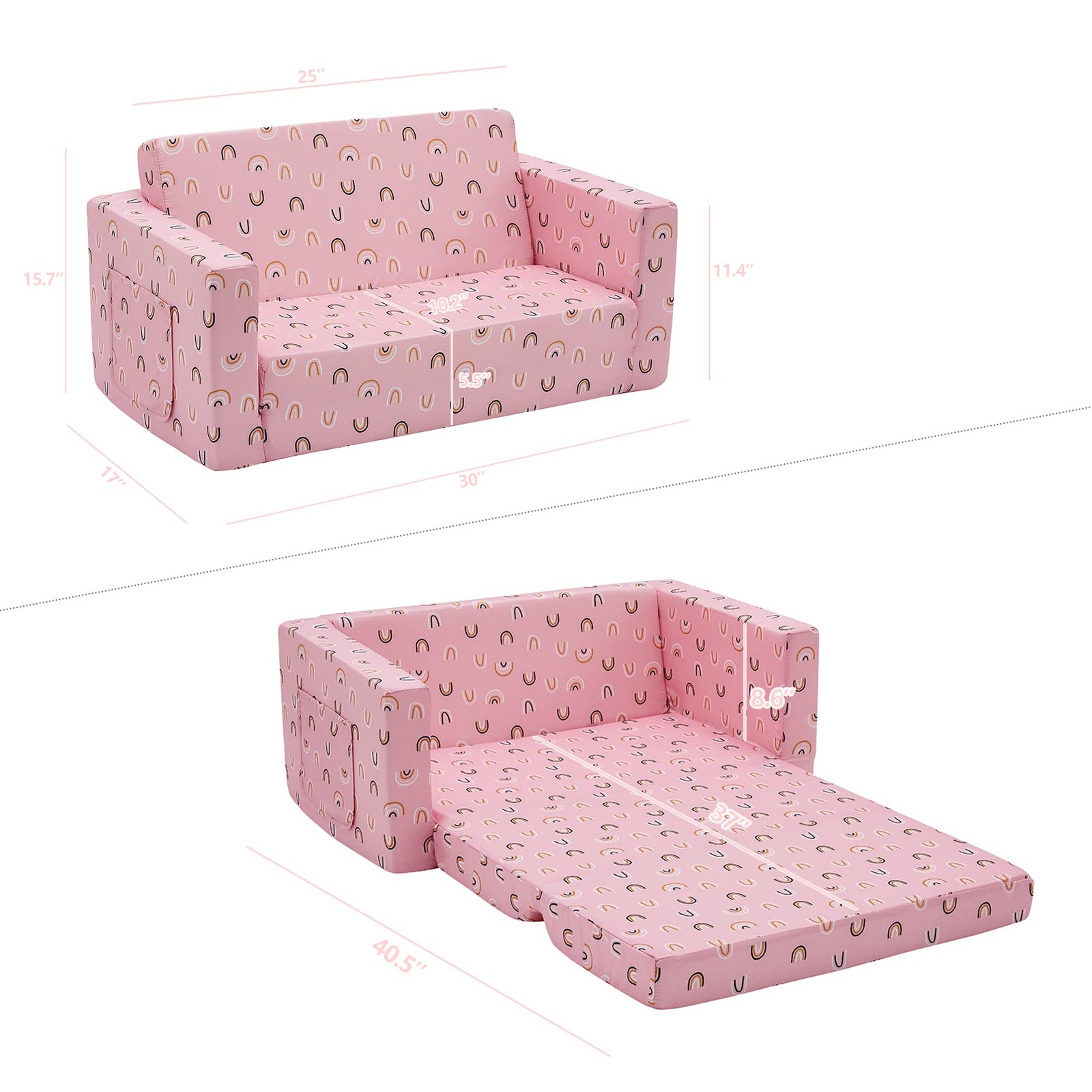 Kids Fold Out Couch 2-in-1 Children Convertible Sofa to Lounger with Soft Plush