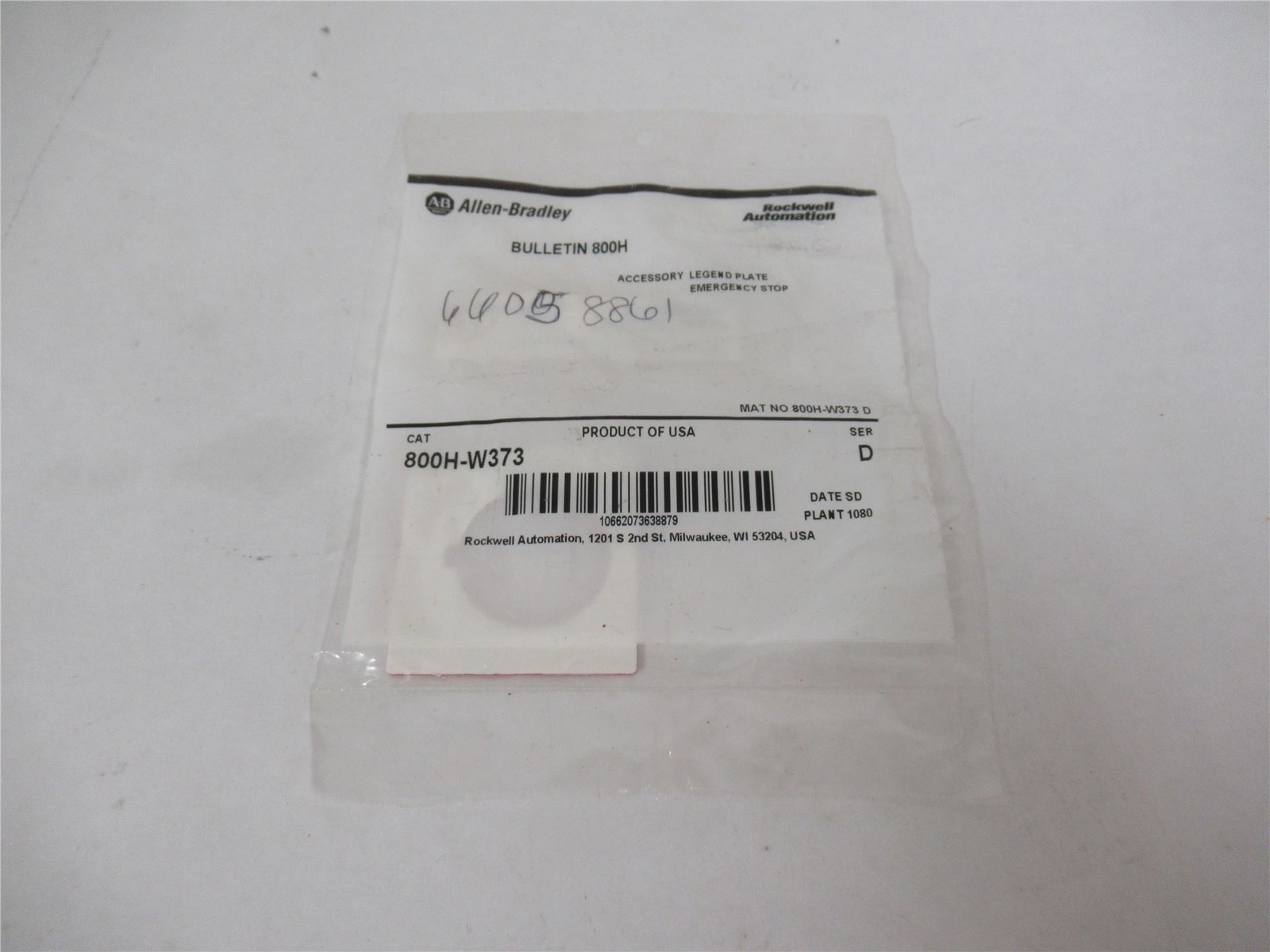 254750 New-No Box; Allen-Bradley 800H-W373 Switch Plate Emergency Stop 30 mm