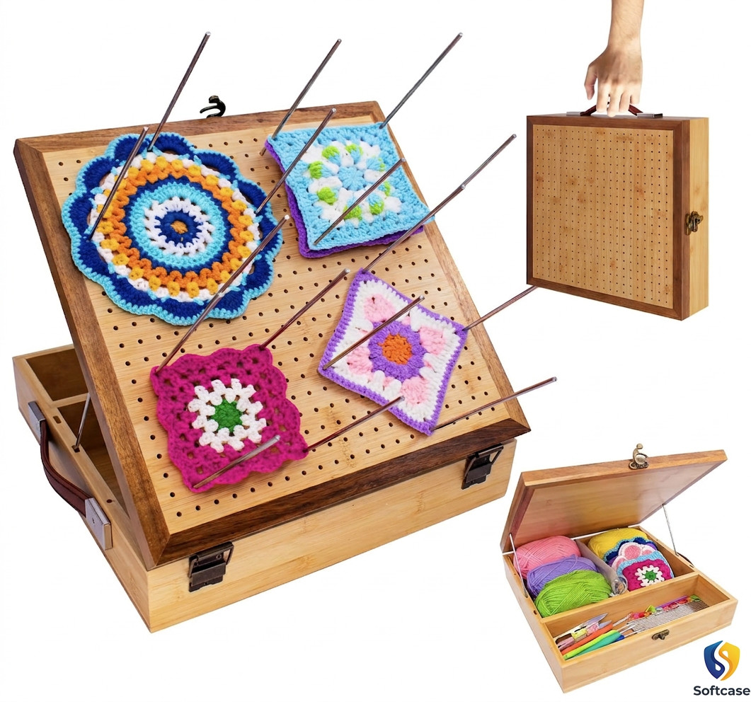 Crochet Blocking Board - with Storage Drawer & 20 Pegs, 12" Bamboo Square