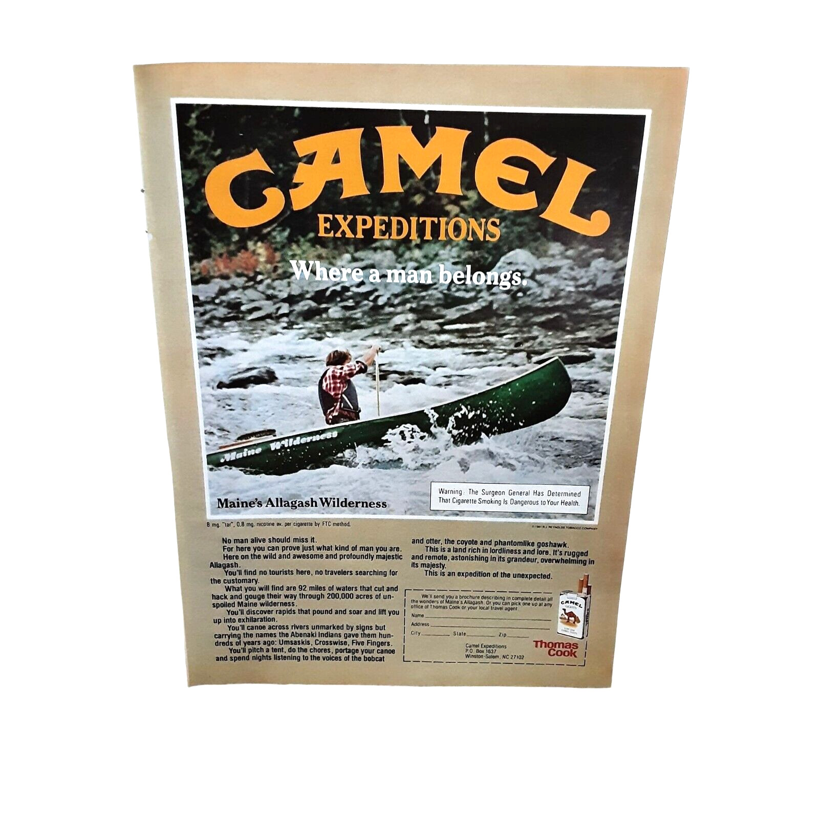 1981 Camel Maine Allagash Wilderness Man River Canoe Thomas Cook Ad Vintage