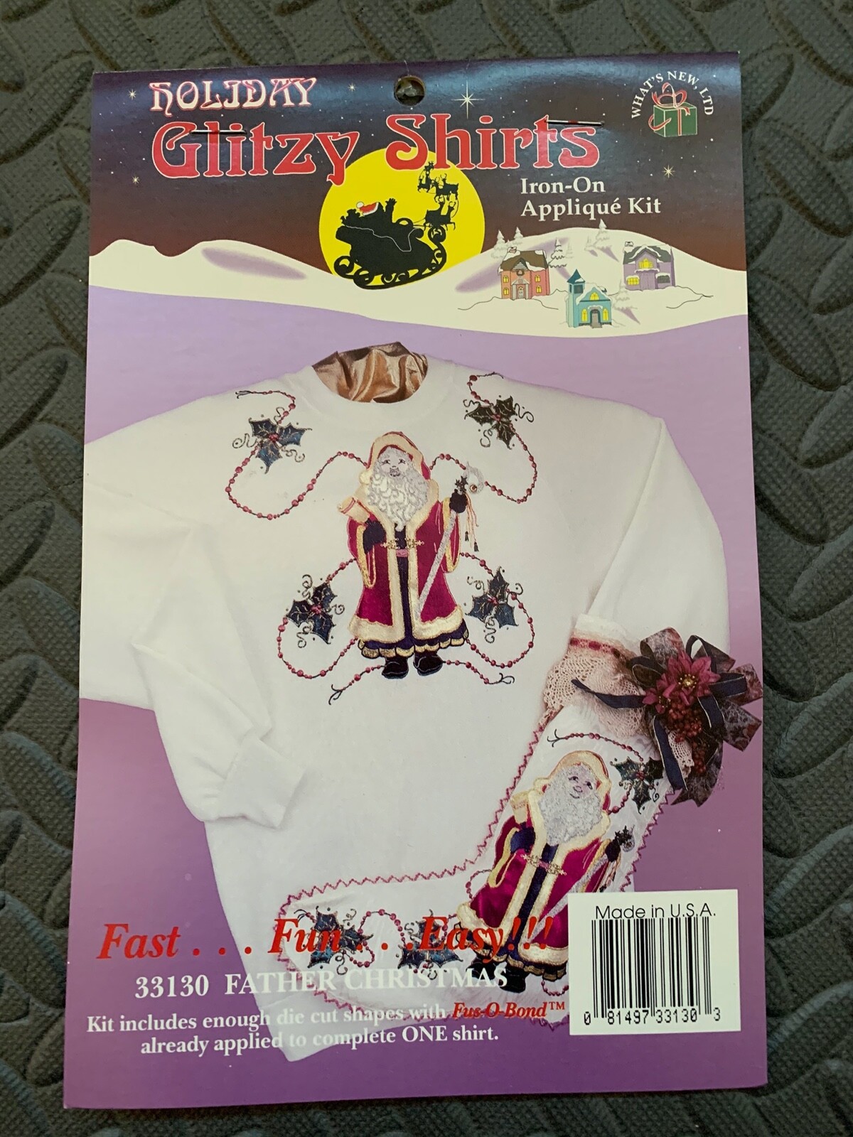 FATHER CHRISTMAS Holiday Glitzy Shirt Iron-On Appliqué Kit Made in USA 33130