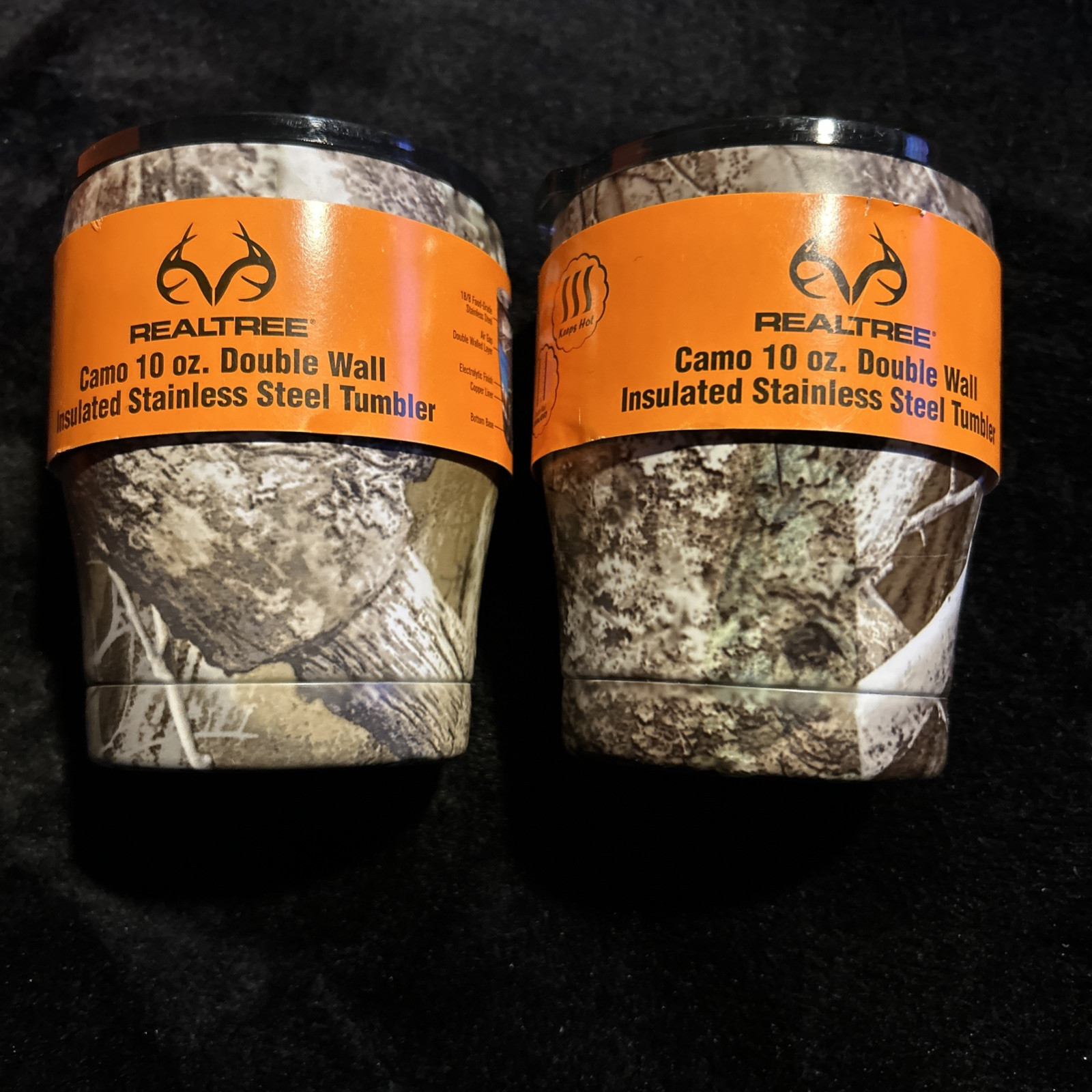 Lot Of 2 - 10 oz Stainless Steel tumbler lowball, REALTREE  camo, with lids -NEW