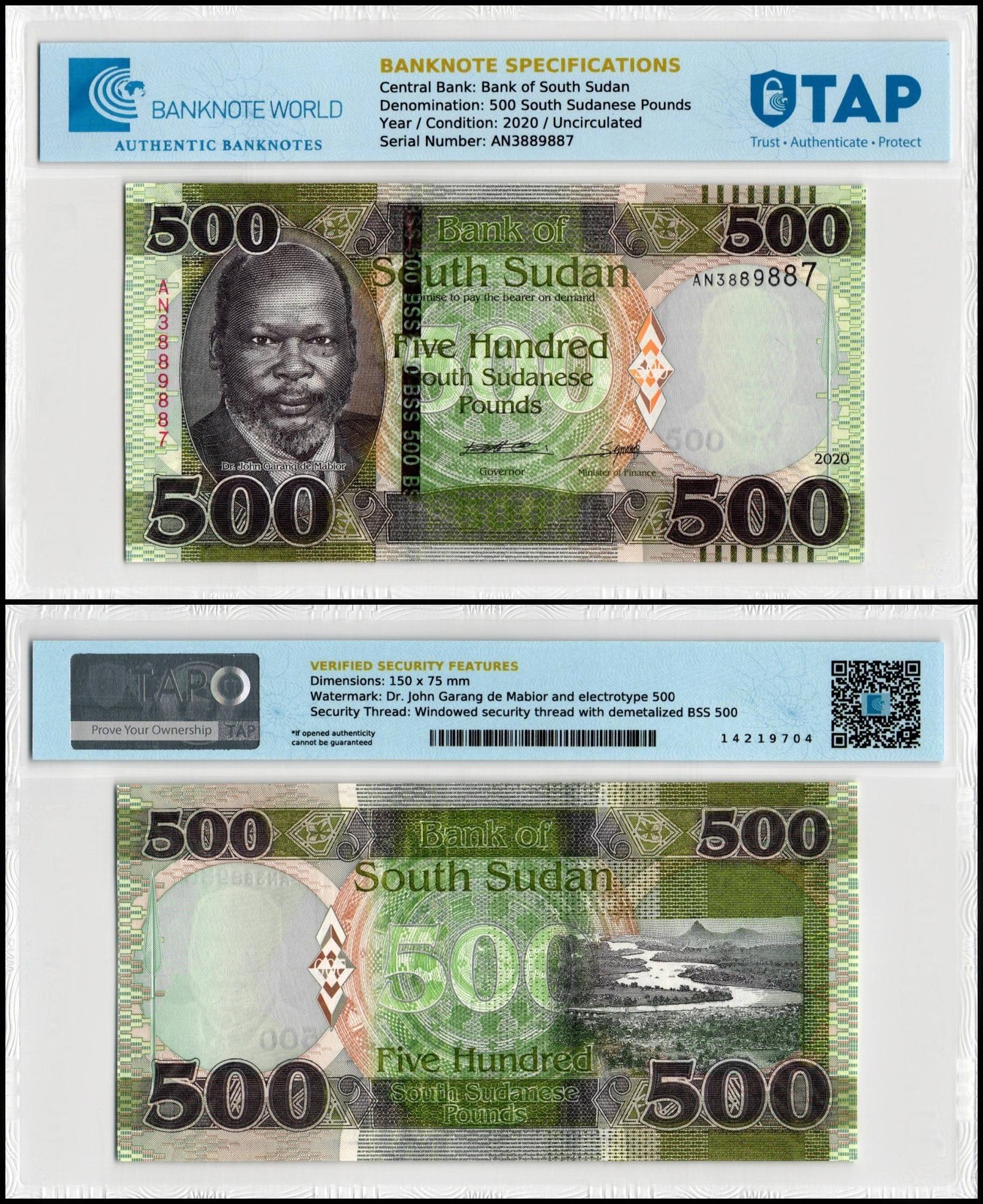 South Sudan 500 South Sudanese Pounds, 2020, P-16a.2, UNC, TAP Authenticated
