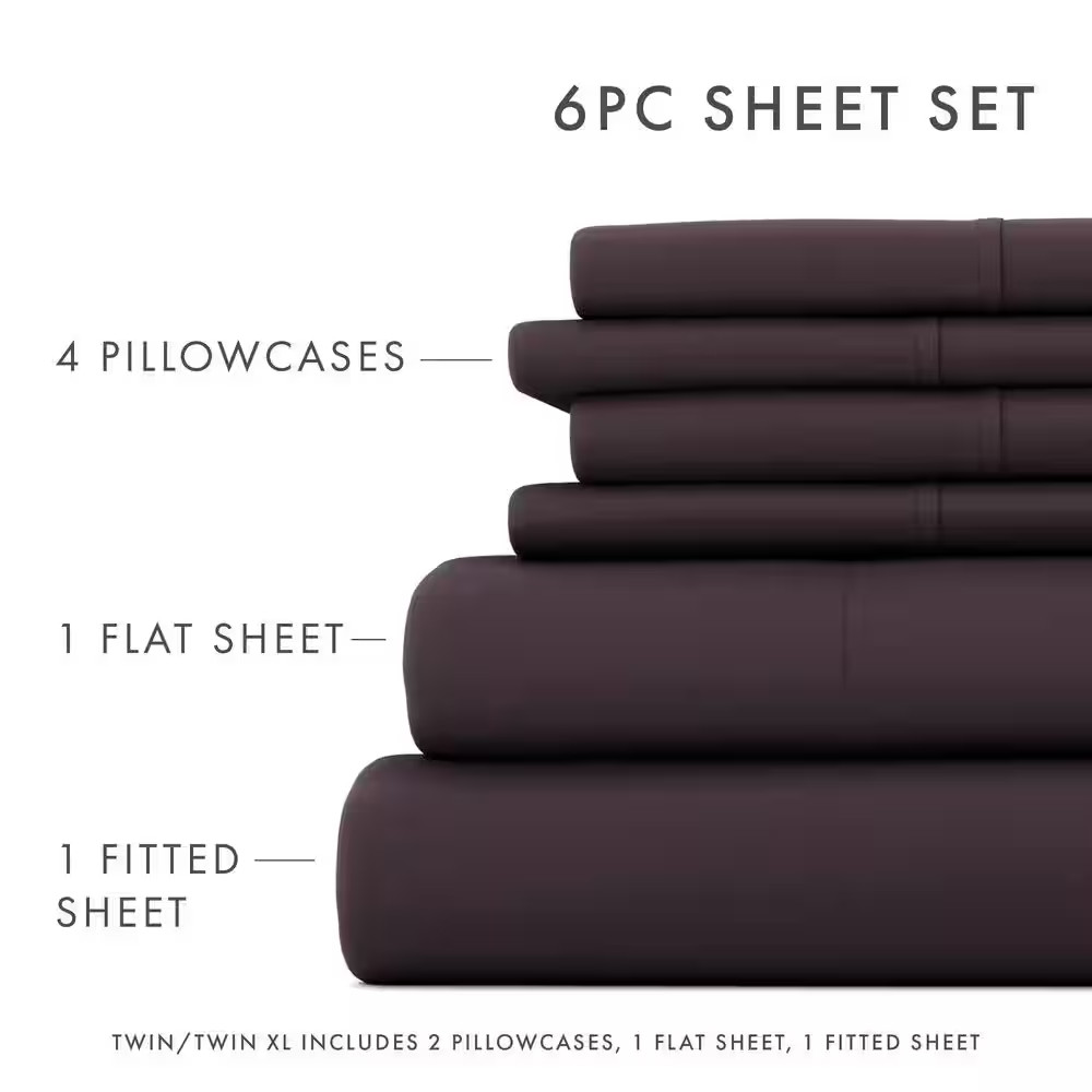 6-Piece Purple Solid Microfiber Twin XL Sheet Set Free Shipping New