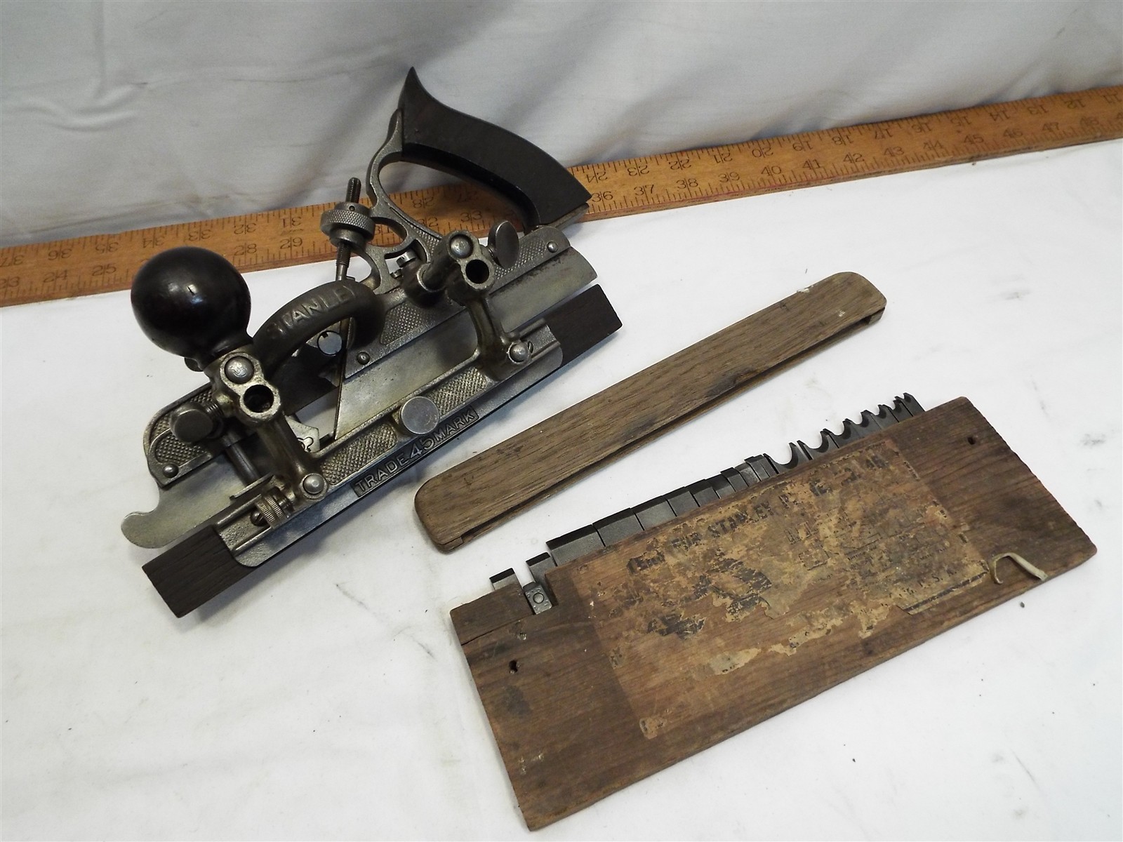 Vintage Stanley 45 Combination Plow Plane Wood Tool Box of Cutters Fence User