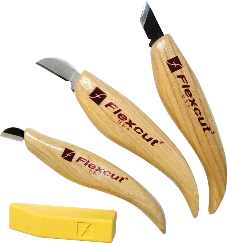 Flexcut Chip Carving Set 3 Piece, Mini chip, Carbon steel blade, FLEXKN115 &