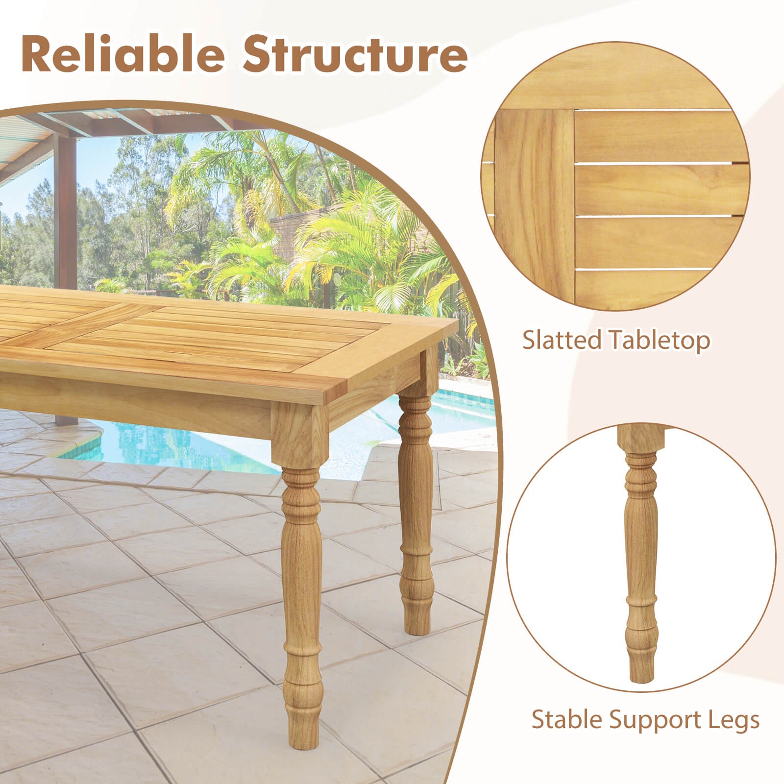 Patio Coffee Table with Solid Teak Wood Structure Slatted Tabletop for Backyard