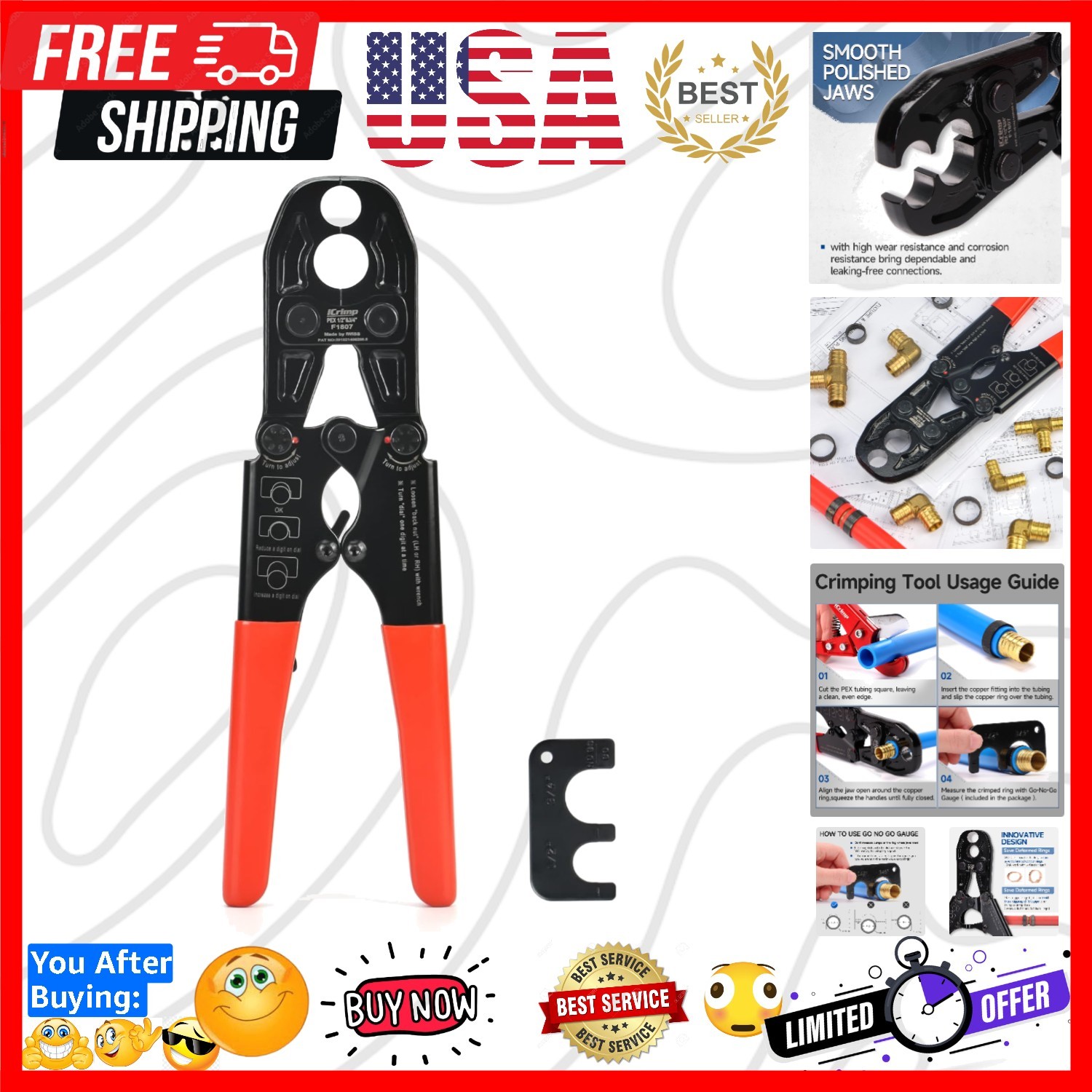 iCrimp 1/2 and 3/4-inch Combo Pex Pipe Crimping Tool for Copper Ring with Gau...
