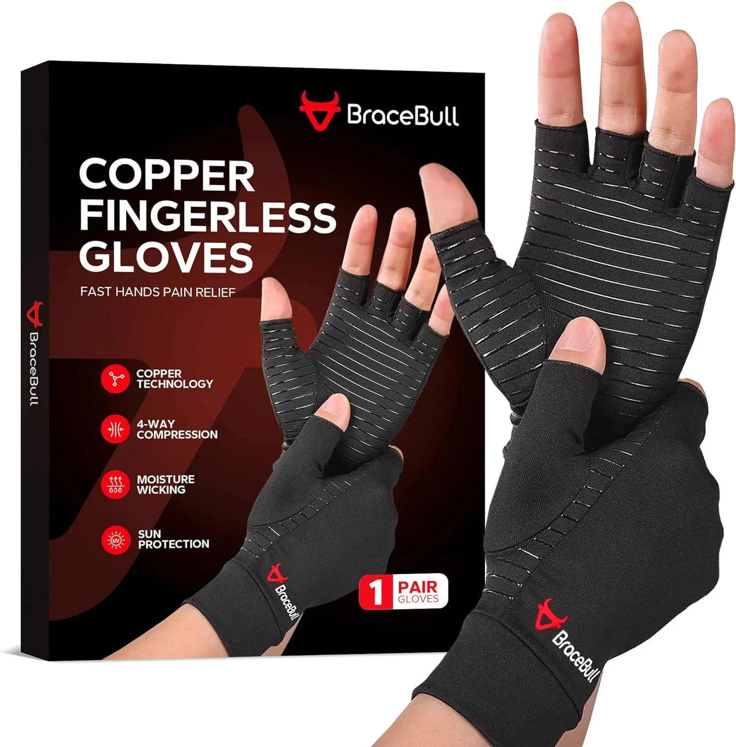 Bracebull Arthritis Gloves (1 Pair), Copper Infused Fingerless Compression Glove