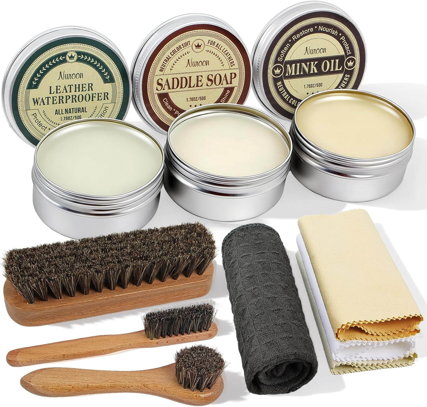 10Pcs Leather Care Kit- 3Pcs Horsehair Brushes, 1.76Oz Saddle Soap, 1.76Oz Mink