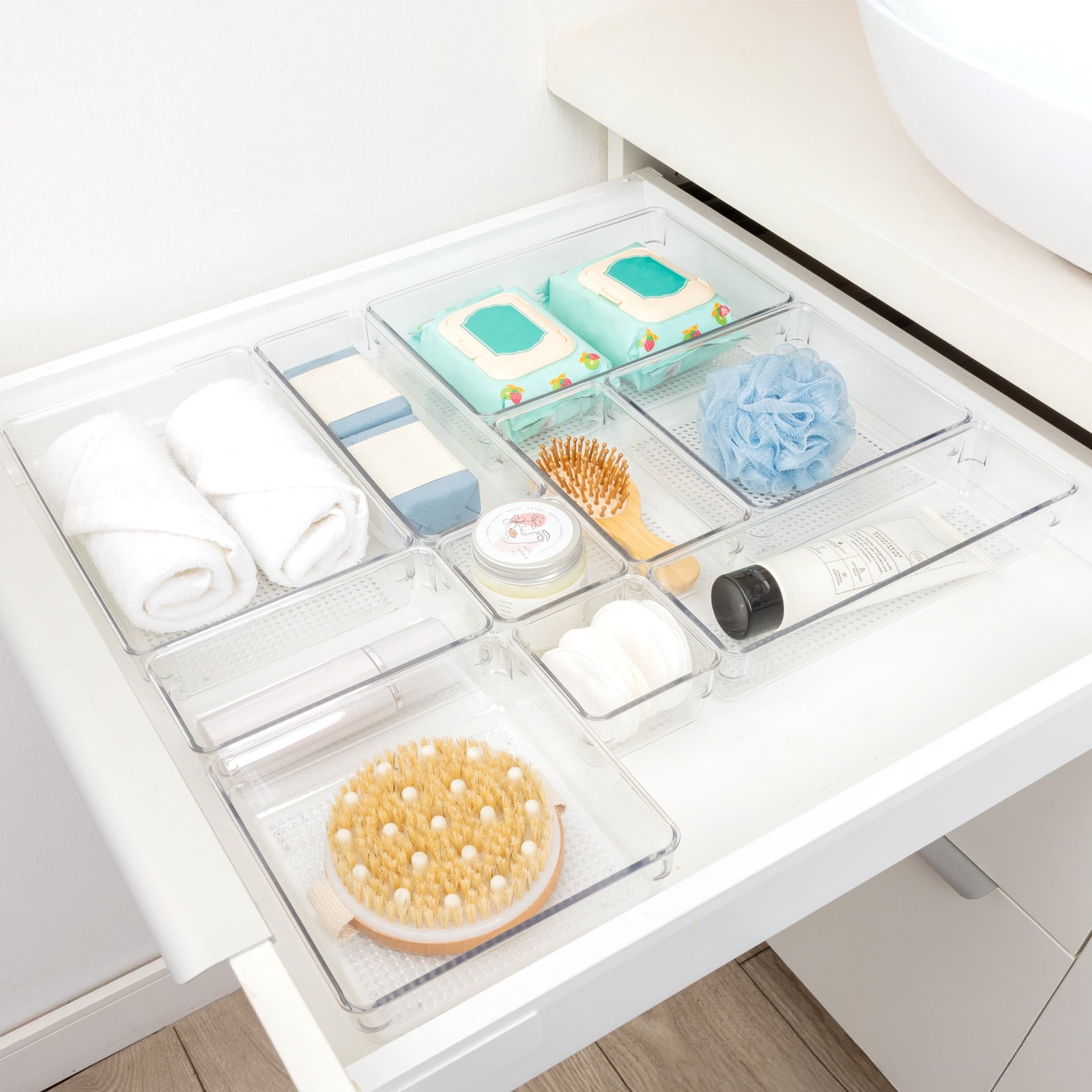 10-Piece Bathroom Storage Set W/ Clear Plastic & Stackable - Durable
