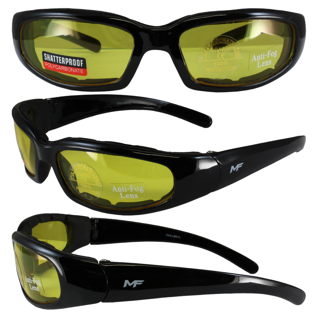 MOTOFRAMES MF CHILL PADDED MOTORCYCLE RIDING GLASSES BLACK FRAMES YELLOW LENS