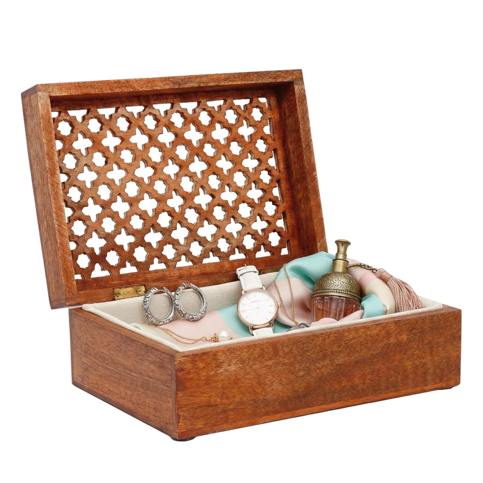 Trellis Mango Wood Box - Medium Polish, 10.5x7.5 in | Handcrafted keepsake bo...