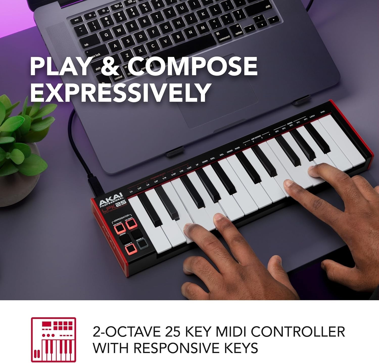 Compact 25-Key MIDI Controller with Backlit Drum Pads - Mac & PC Compatible