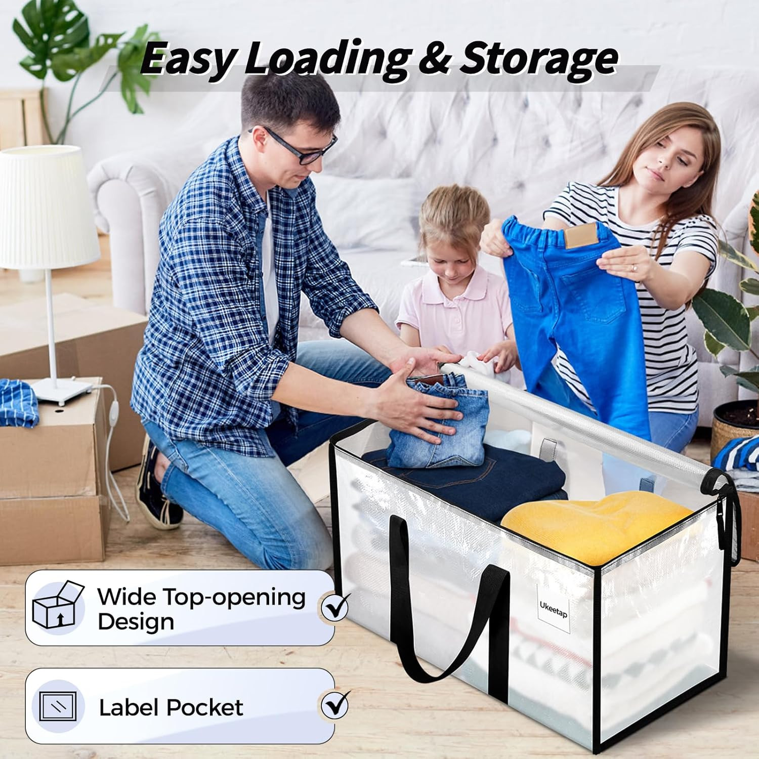 8 Pack Extra Large Heavy Duty Moving Bags, Clear Storage Bins with Lids, Reinfor