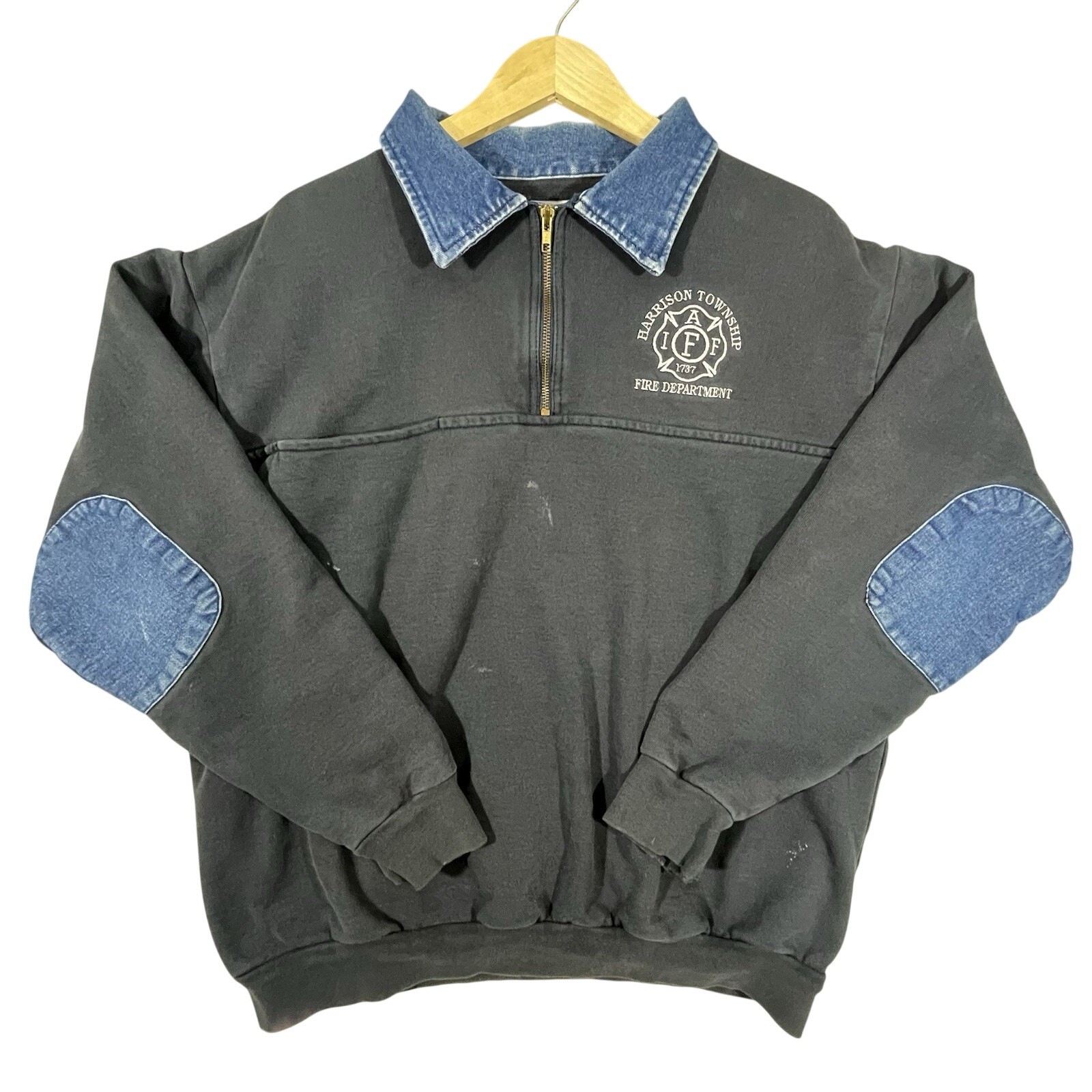 Vtg Game Workwear Fire Dept Job Shirt 1/4 Zip Denim Collar Elbow Patch Navy 2XL