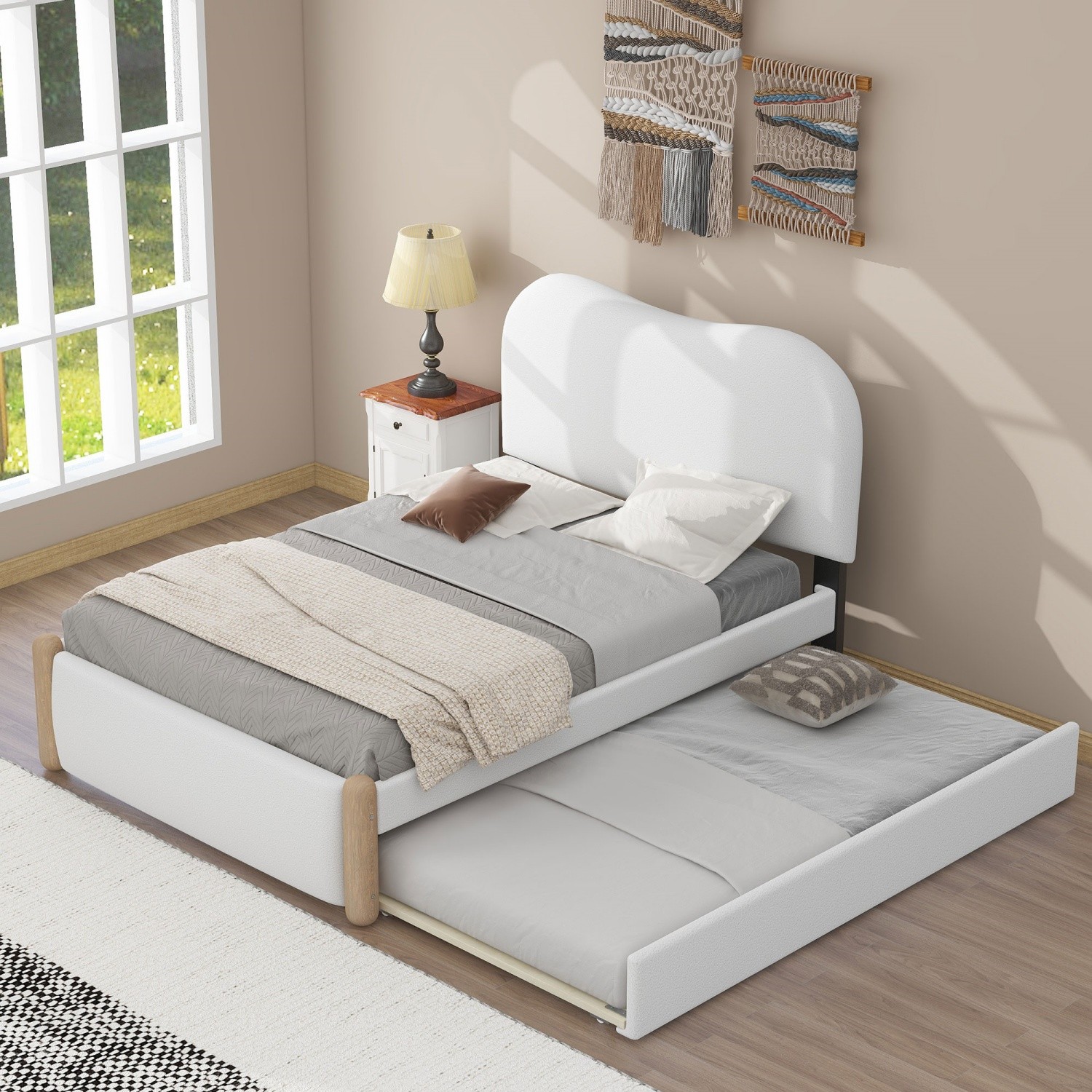 Twin/Full Size Bed Frame Upholstered Platform Bed Frame w/ Twin Size Trundle