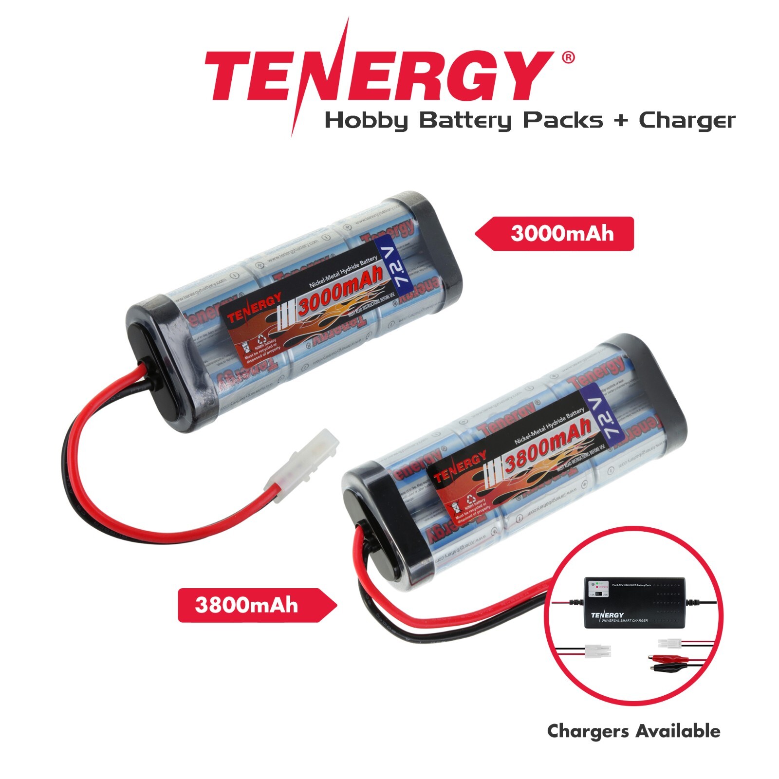Tenergy NiMH 7.2V 3000mAh & 3800mAh RC Battery Packs w/ Tamiya & Charger Options
