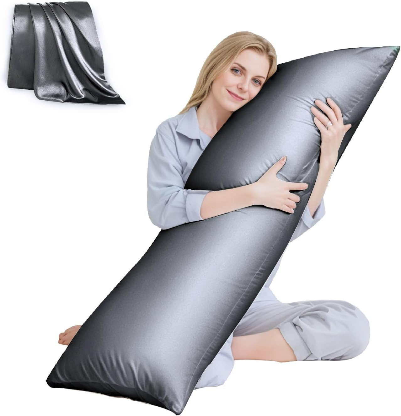 Body Pillow with Satin Pillowcase, Body Pillow for Adults, Removable Cover, Grey