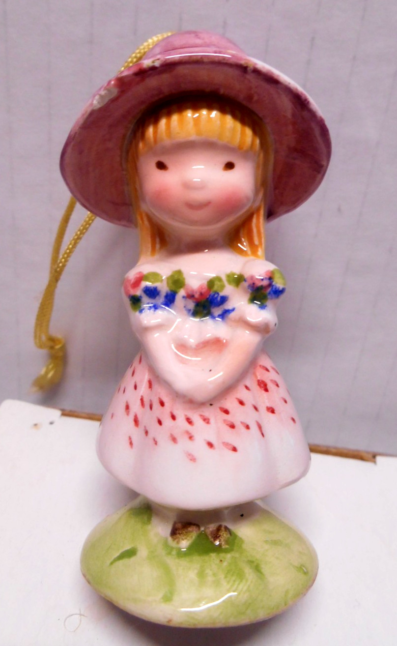 Rosalind Welcher Panda Print Porcelain BONNET GIRL Christmas Ornament 1976 Japan