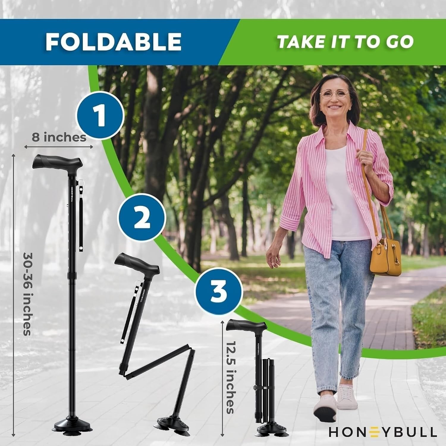 HONEYBULL Foldable Walking Cane Adjustable Free Standing Ergonomic