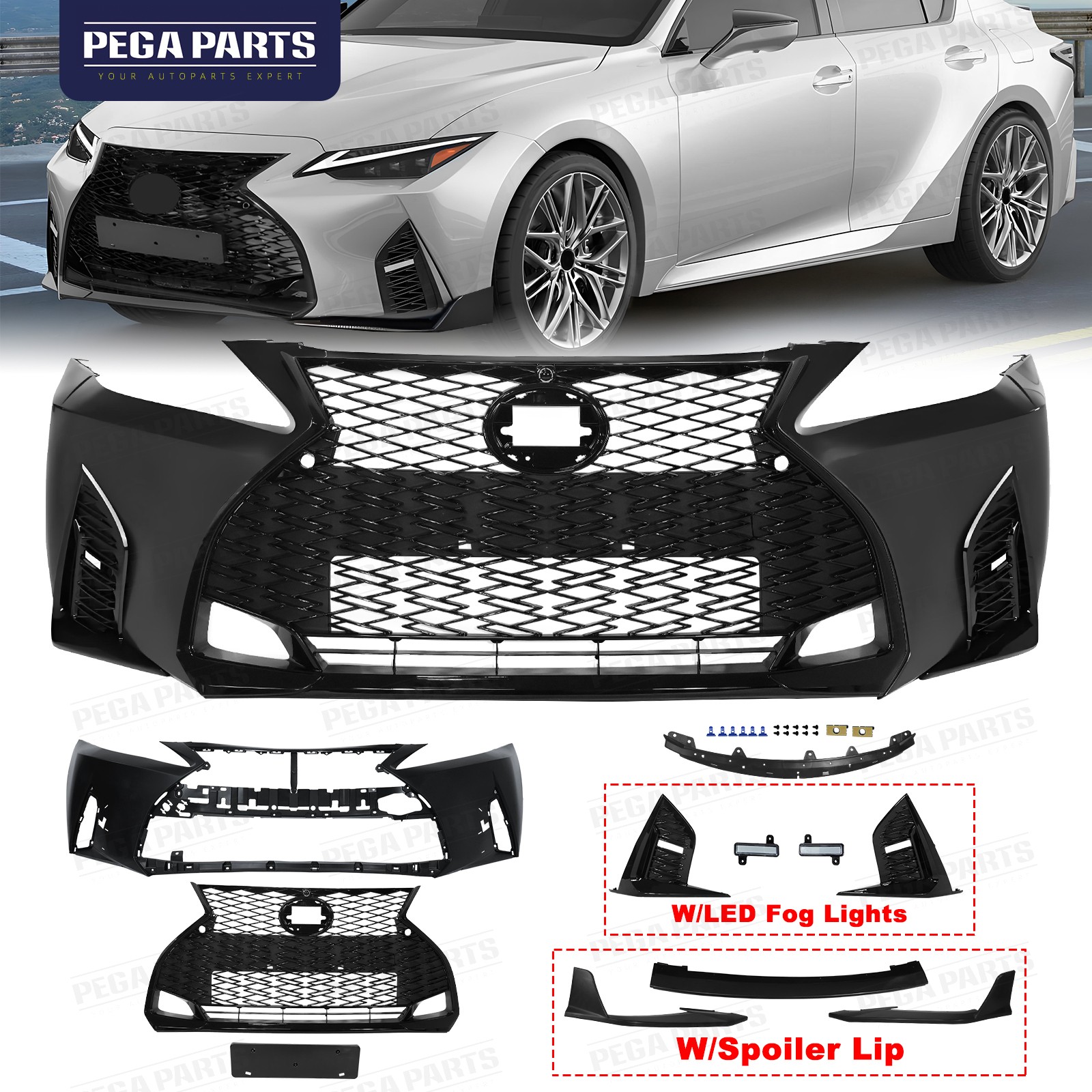 For 2006-2013 Lexus IS250 IS350 to 21+ F-Sport Front Bumper Cover Lip Fog Lights