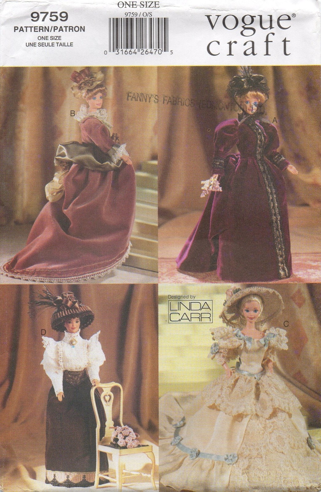 Vogue Craft Sewing Pattern 9759, Historical Period Costumes,11.5" Barbie Doll