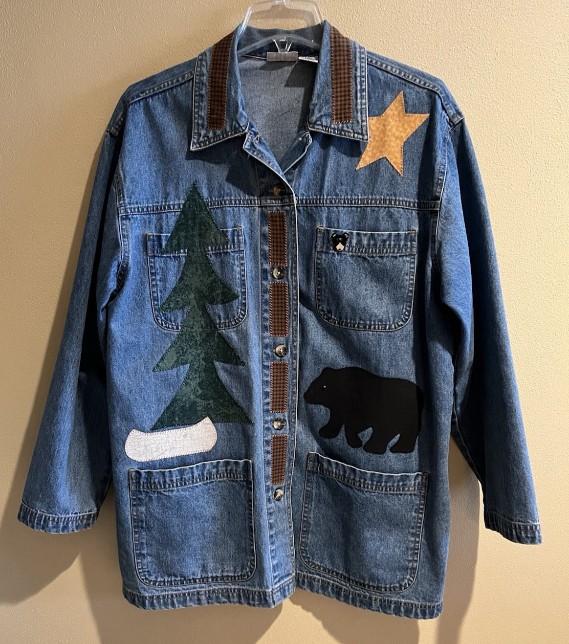 CABIN CREEK Denim Button Jacket Appliqued-Bear, Evergreens, Star, Moon Size M-L