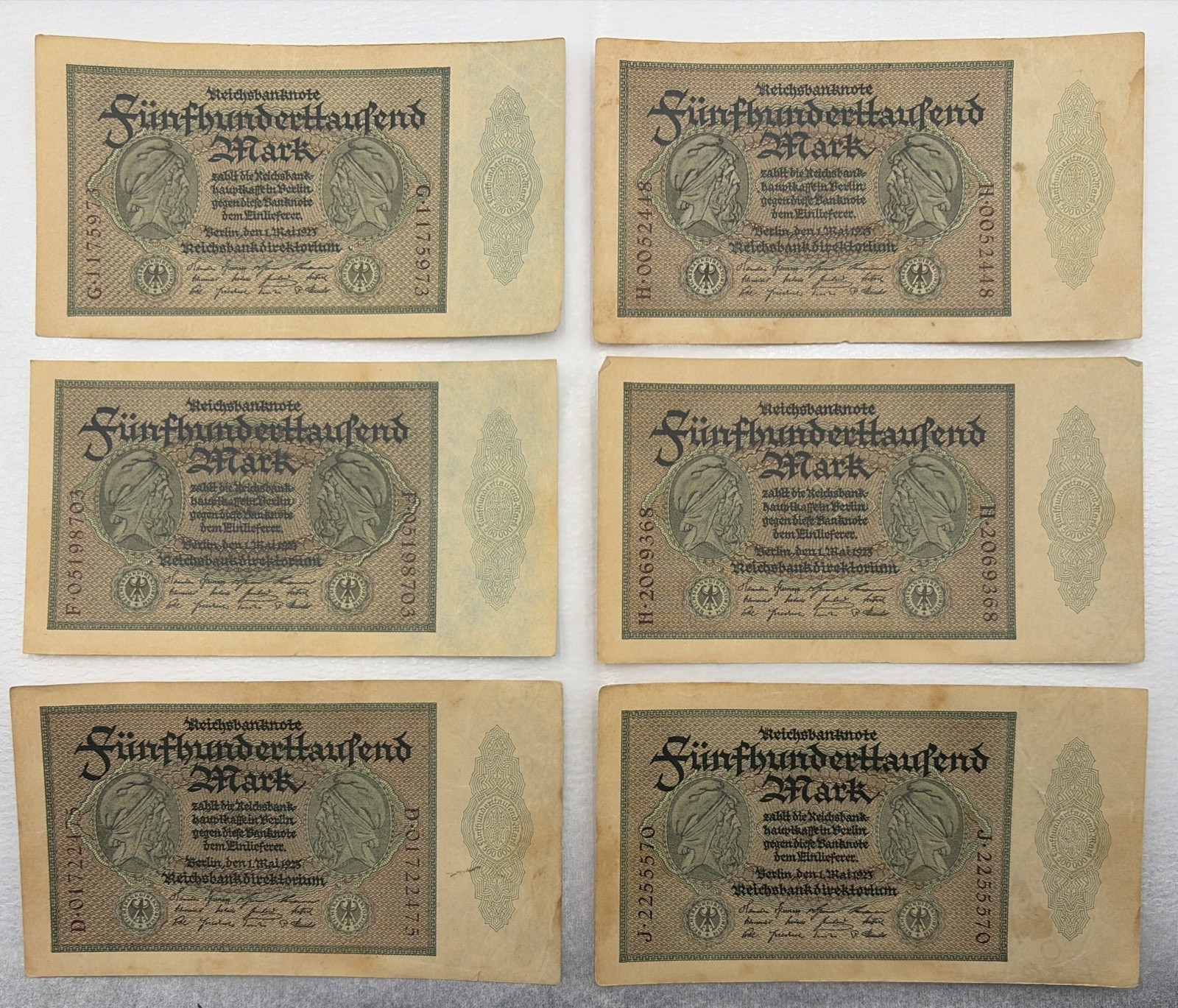 1923 Germany 500,000 Mark Notes Lot of 6 All Dated May 1, 1923 Good Condition