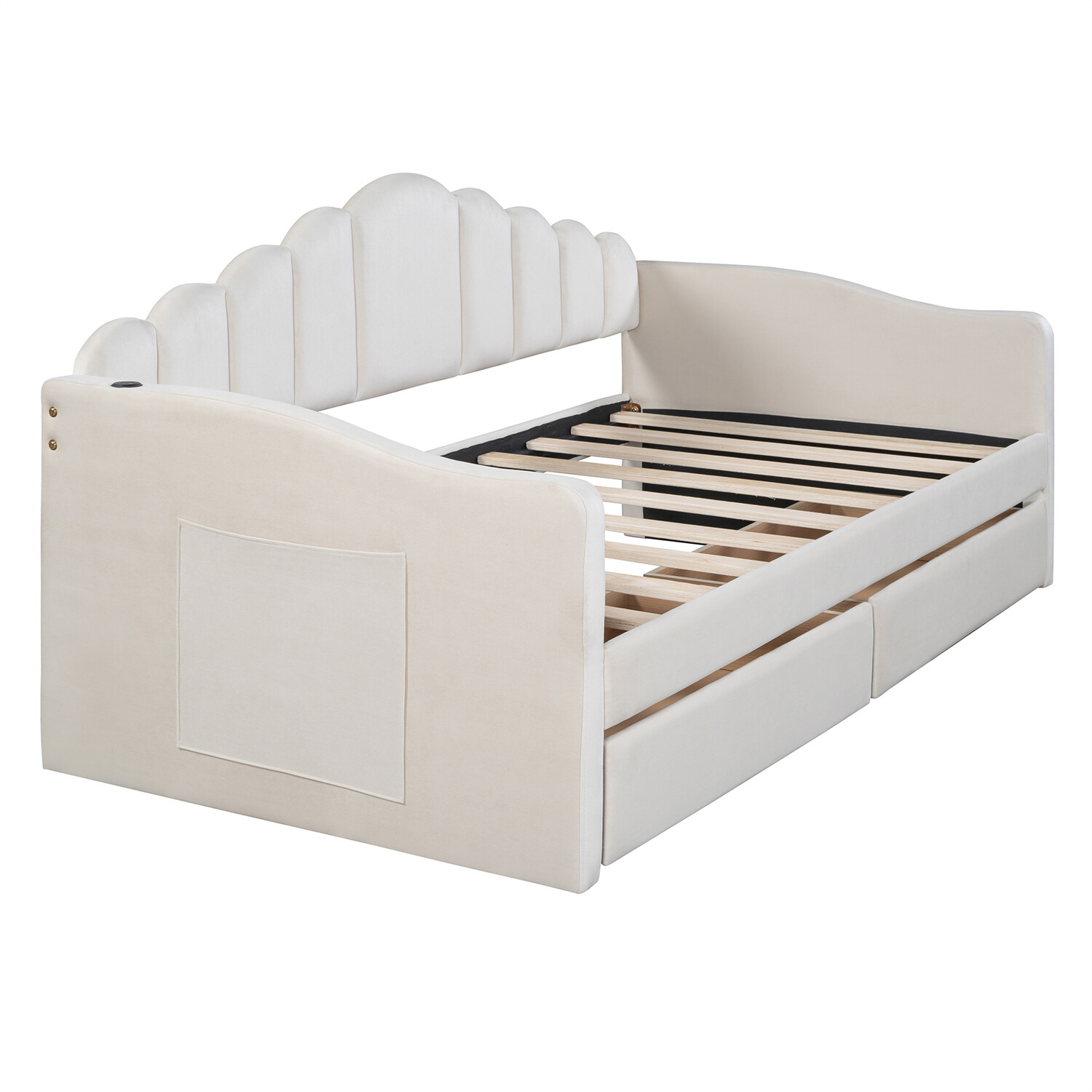 Twin Size Daybed Upholstered Bed Frame Sofa Bed w/ 2 Drawers Beige/Gray/Pink