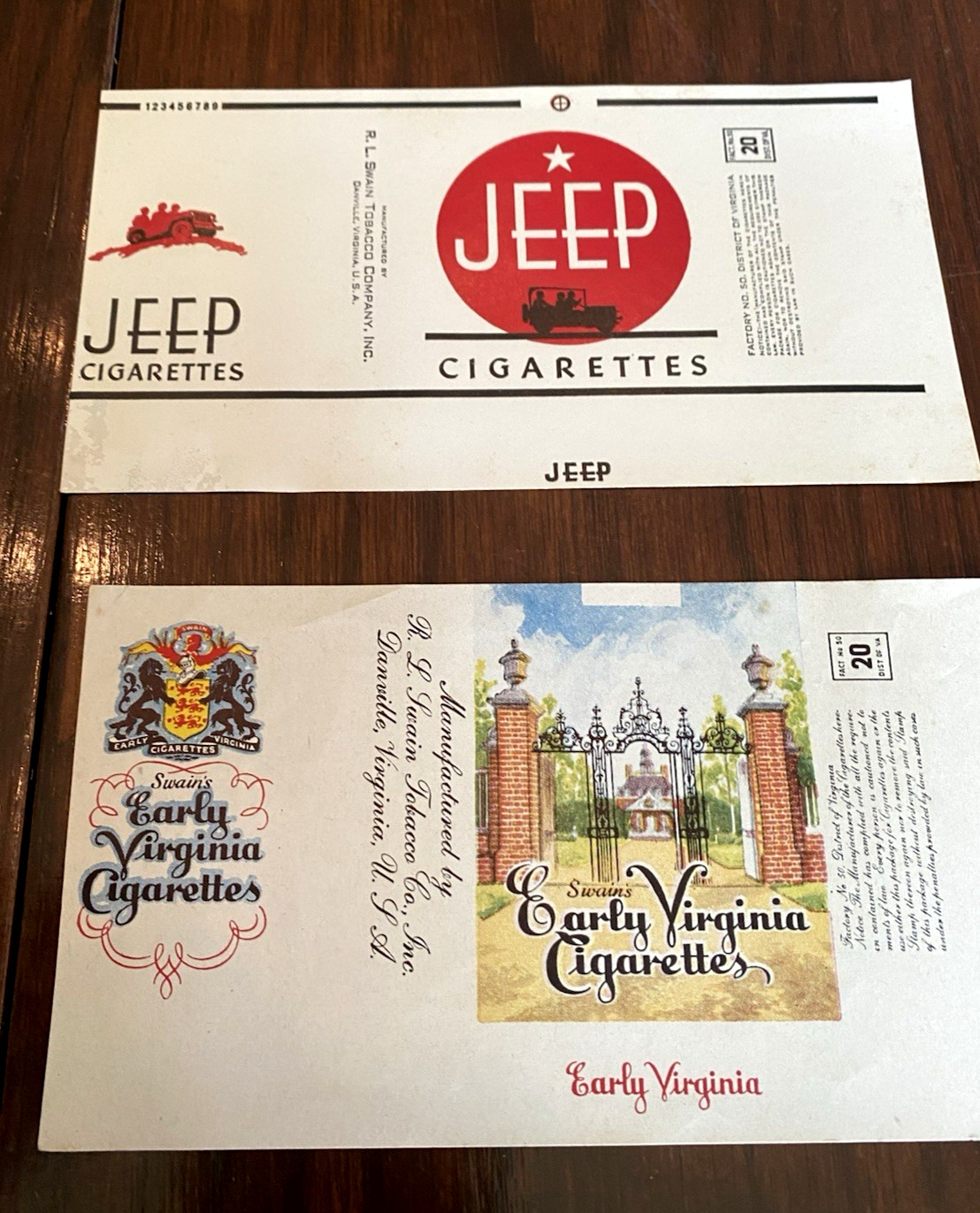 Set of 2 Vintage Cigarettes Label Jeep & Early Virginia  R.L Swain labels unused