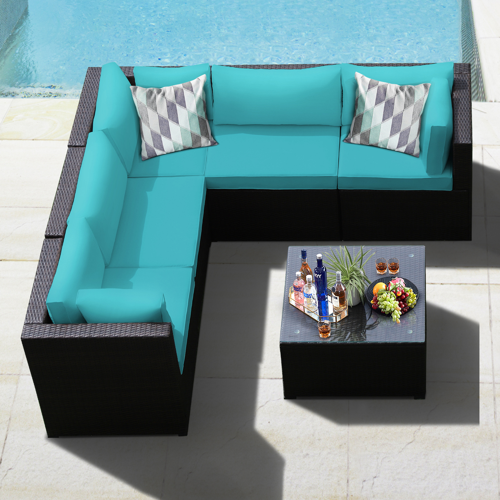 6PCS Rattan Patio Sectional Sofa Conversation Set Outdoor w/ Turquoise Cushions